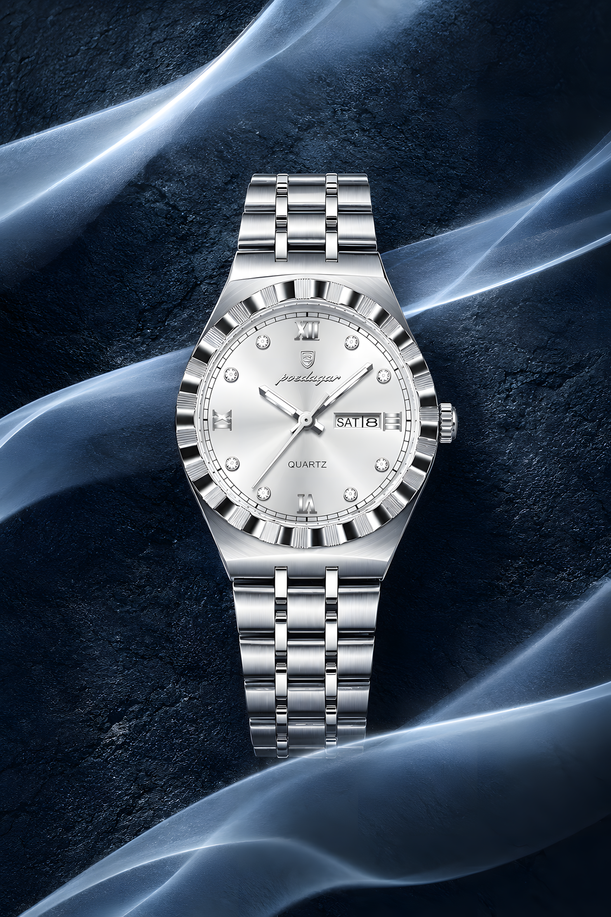 A silver stainless steel wristwatch with a fluted bezel, silver dial, and matching metal link bracelet, centered against a dark textured background with blue light streaks.