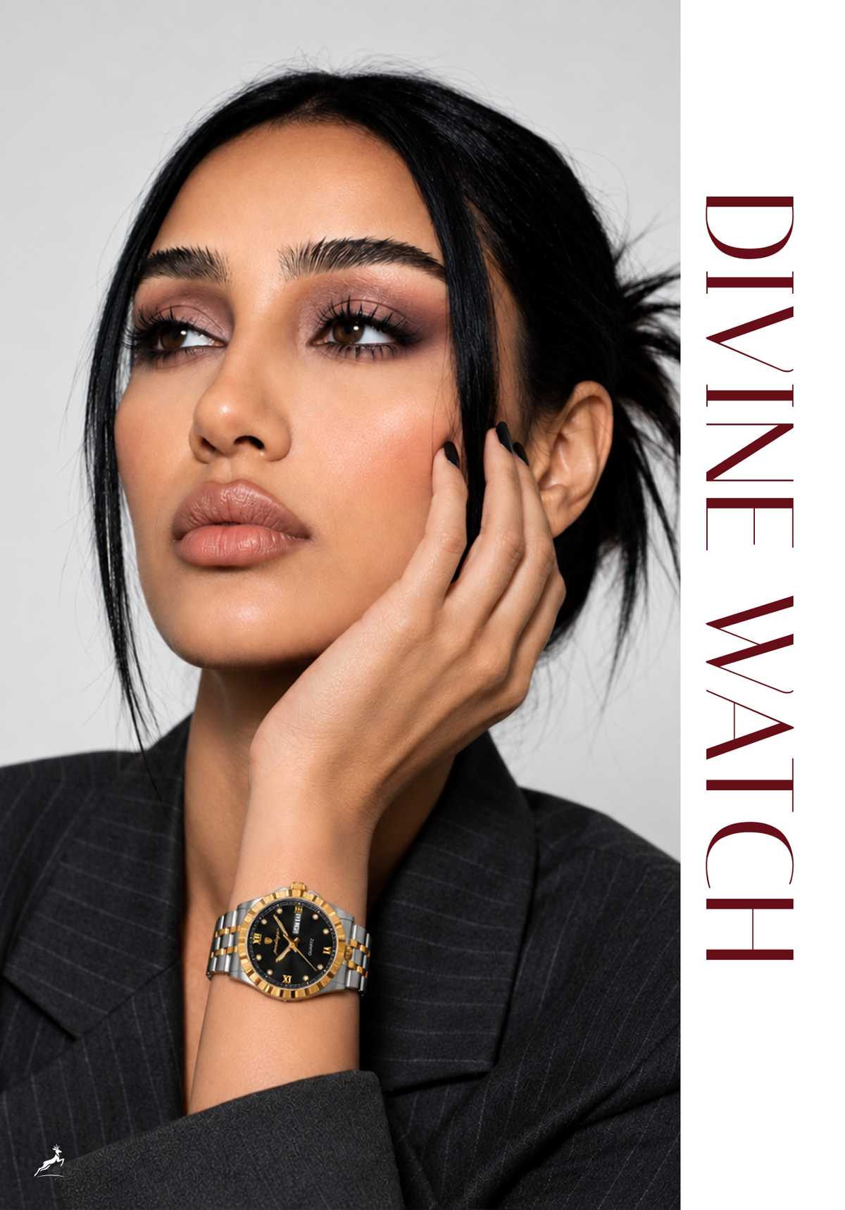 A woman in a dark pinstripe blazer poses with her hand on her cheek, wearing a two-tone blue and gold watch. The image has a white vertical banner on the right with the text 'DIVINE WATCH'.