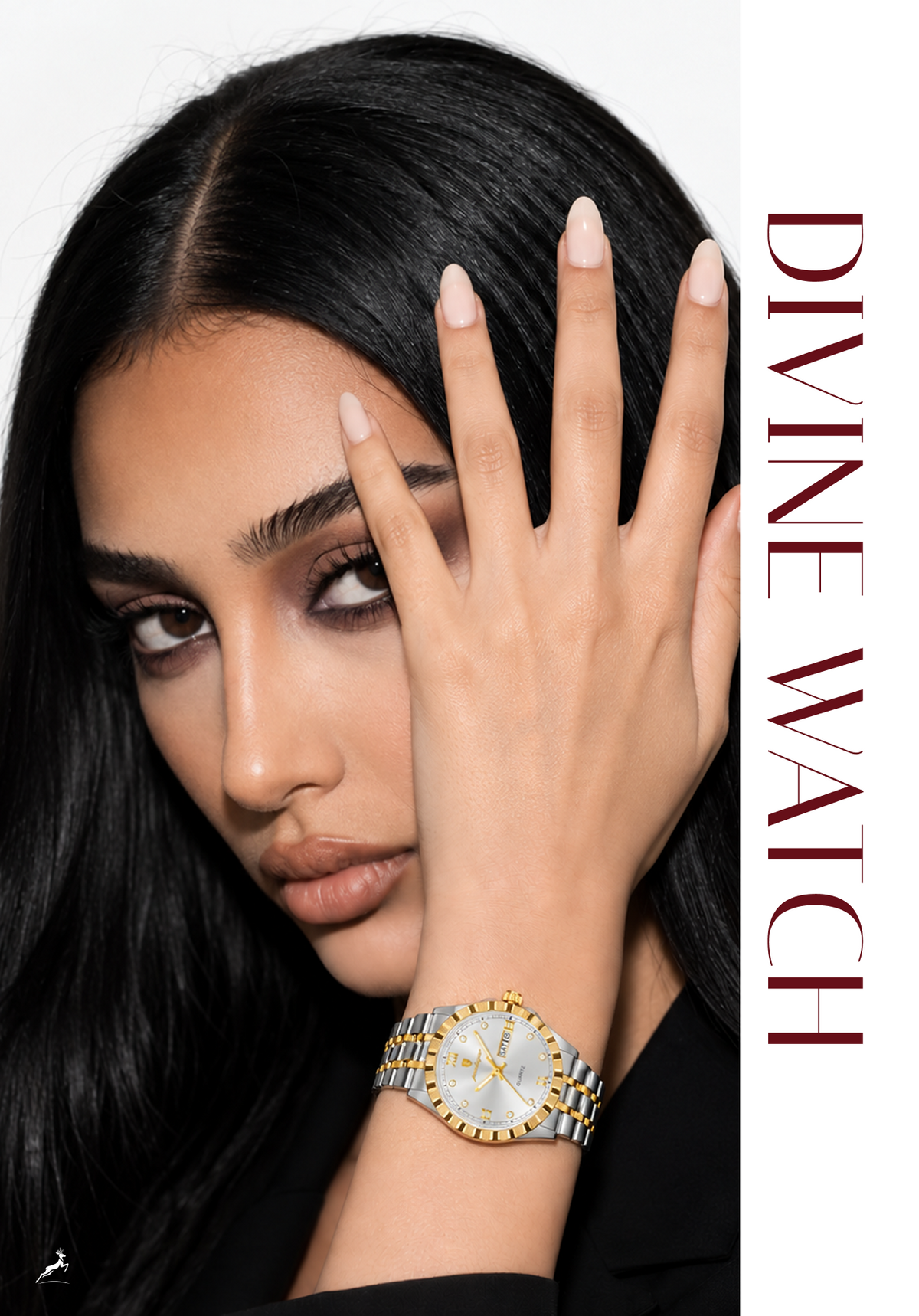 A close-up lifestyle shot of a woman with long black hair wearing a two-tone Divine Watch on her wrist, with her hand resting against her face. The watch features a gold and silver-tone metal bracelet and a white dial.