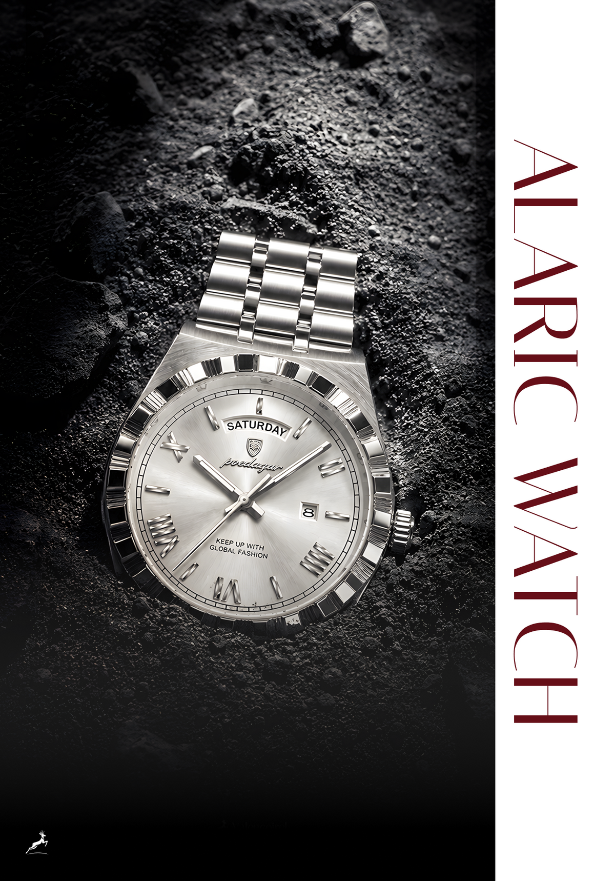 A silver-toned Alarc Watch with a stainless steel link bracelet and a textured silver dial, displayed on a dark, rocky surface. The right side of the image features a white vertical banner with the text 'ALARC WATCH' in dark red.