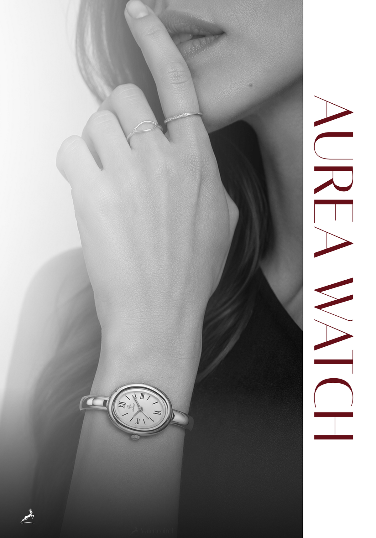A black and white editorial-style close-up of a woman's hand wearing a silver wristwatch, with rings on her fingers and part of her face visible. The right side has a white vertical band with the text 'AUREA WATCH' in dark red.