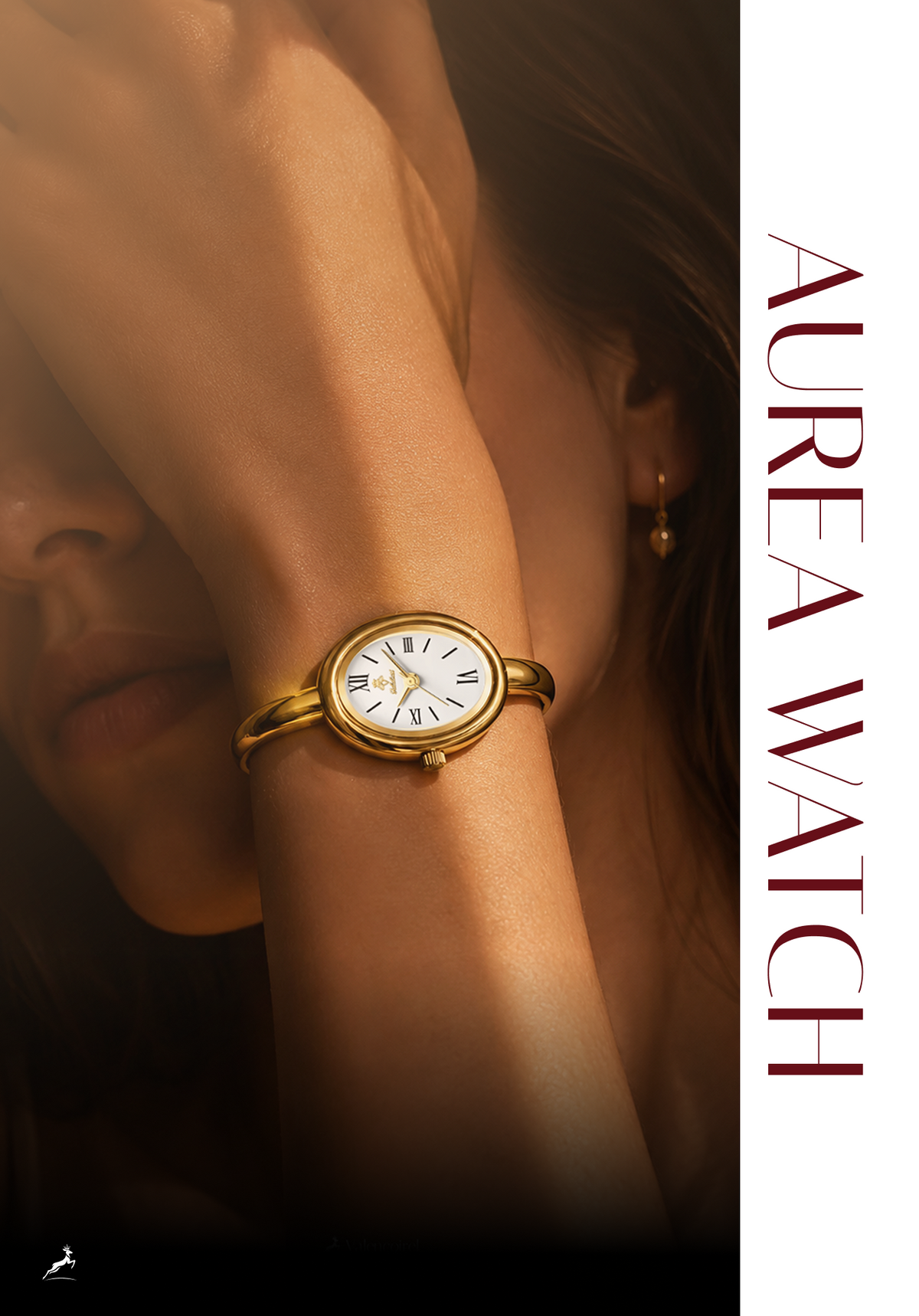 A close-up lifestyle shot of a woman wearing a gold wristwatch with a white dial and Roman numerals. The image features warm, dramatic side lighting and a vertical white text panel on the right reading 'AUREA WATCH'.