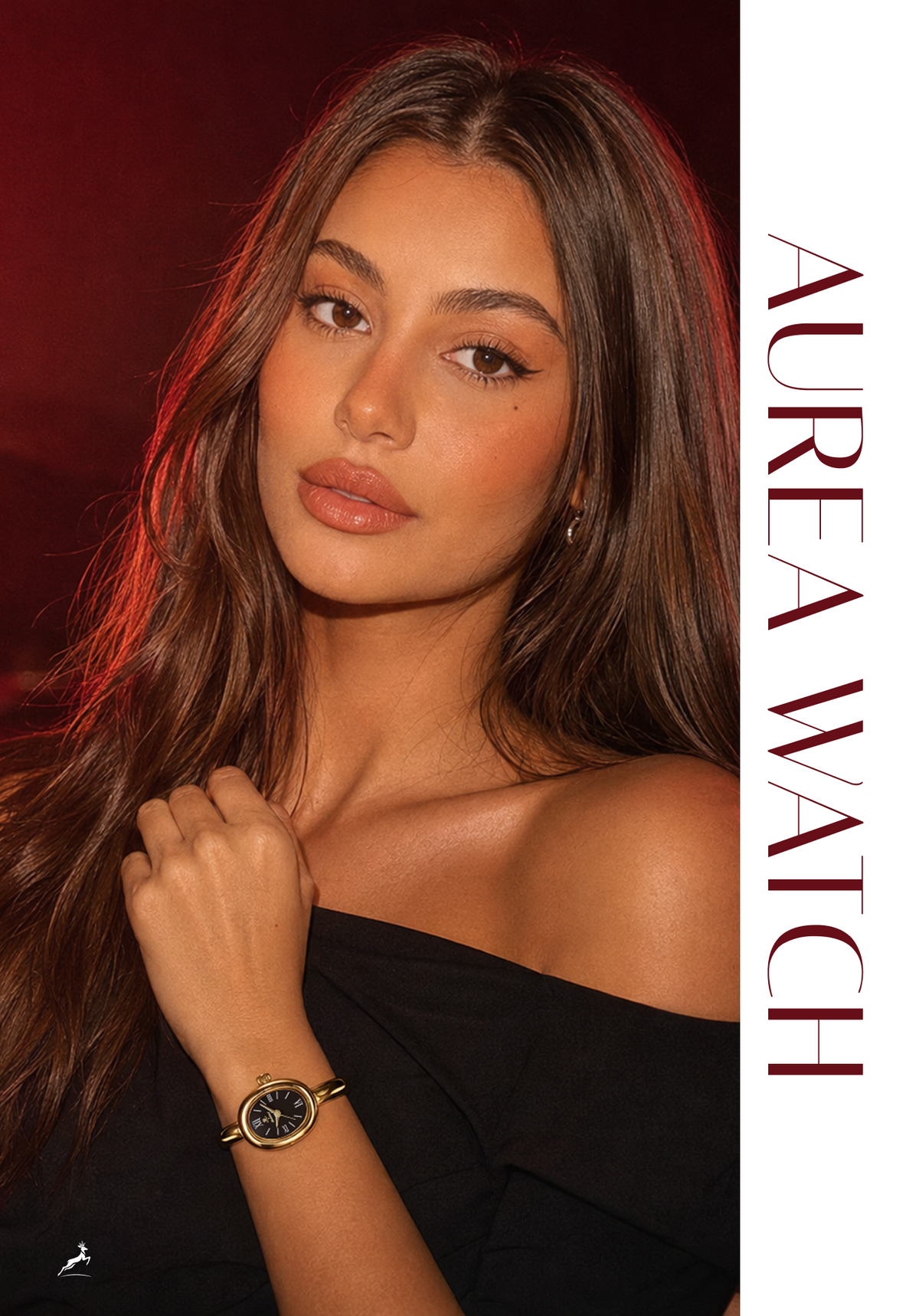 A woman with long brown hair models a gold-tone Aura Watch with a black dial and bezel, wearing a black off-the-shoulder top against a dark red background. A white vertical banner on the right features the text 'AUREA WATCH' in dark red.