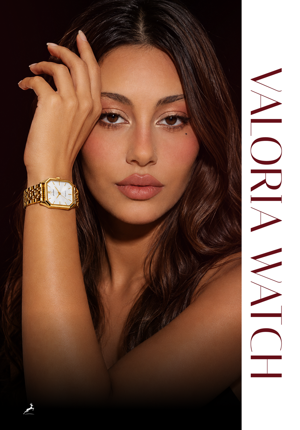 A woman with long dark brown hair poses against a dark background, wearing a gold-toned rectangular watch with a white dial. The right side of the image features a white vertical banner with the text 'VALORIA WATCH' in dark red lettering.