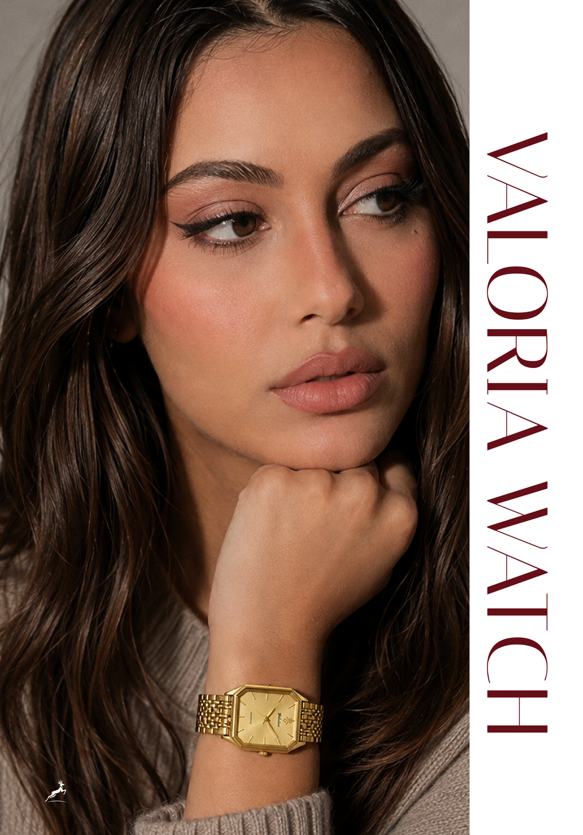 A woman with long dark brown hair rests her chin on her hand, wearing a gold-tone rectangular watch with a mesh band. The image features a vertical white banner on the right side with the text 'VALORIA WATCH' in dark red.