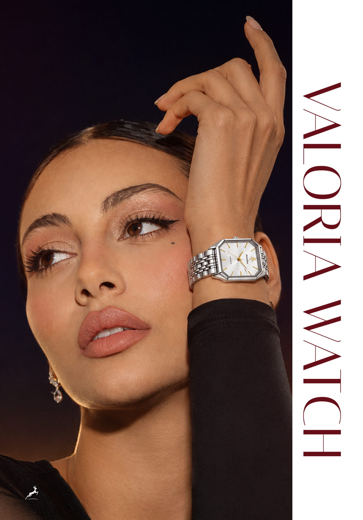 A woman in a black top wears a silver-toned Valoria Watch with a white dial and bracelet. The image features a dark background with a white vertical banner on the right containing the text 'VALORIA WATCH' in dark red.