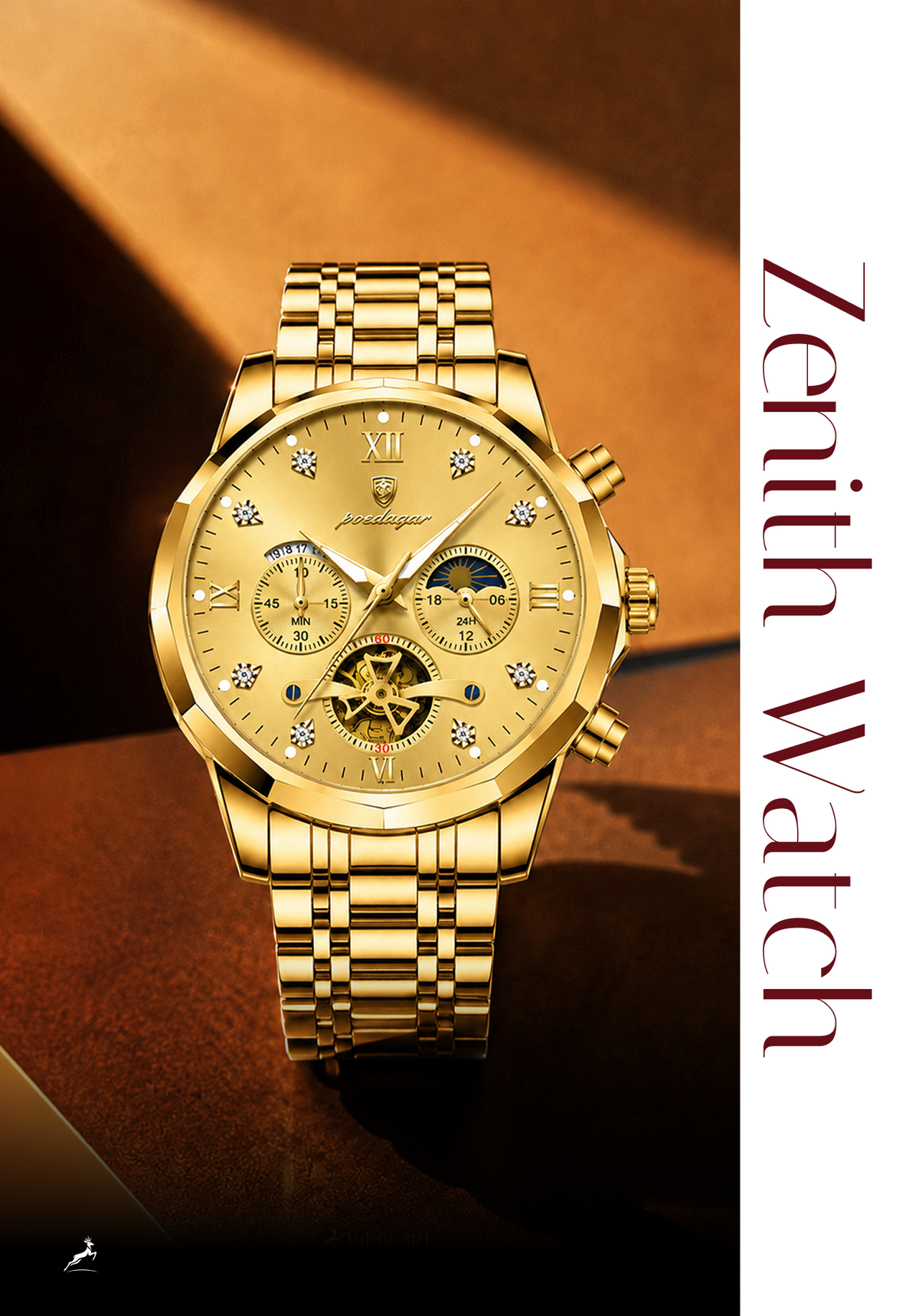 A luxury gold-tone wristwatch with a matching gold link bracelet, featuring a gold dial with multiple subdials, a moonphase indicator, and a skeletonized lower dial. The watch is presented on a dark brown textured surface with a warm brown background, alongside a white vertical banner with the text 'Zenith Watch'.