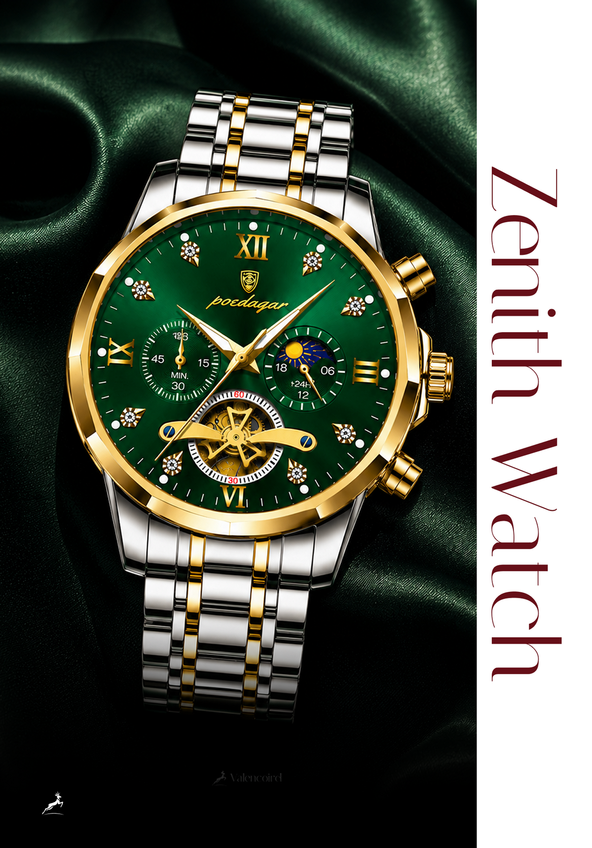 A two-tone Zenith Watch with a green dial and green satin background. The watch features a silver and gold-tone stainless steel link bracelet, a gold-tone bezel, and a green dial with gold accents.