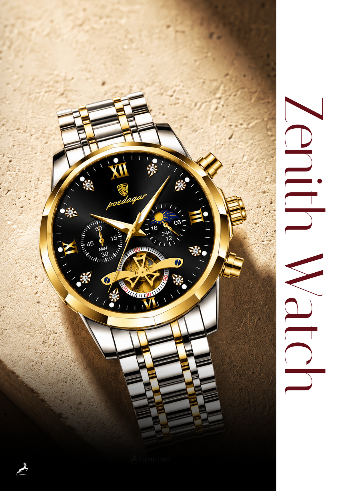 A Zenith Watch with a two-tone silver and gold stainless steel bracelet, a gold bezel, and a black dial with gold Roman numerals and sub-dials, set against a textured beige stone background with a white vertical banner containing the text 'Zenith Watch'.