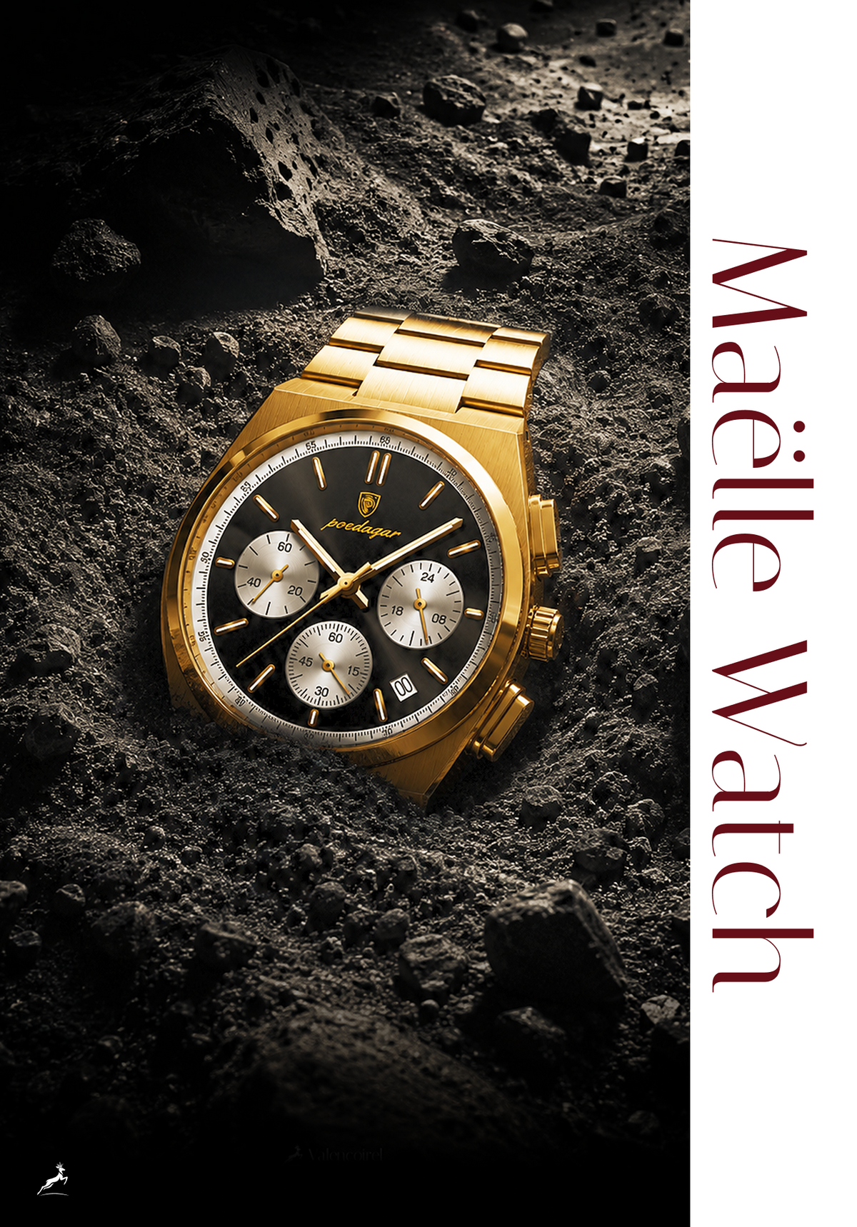 A gold-tone wristwatch with a black dial and silver subdials, photographed resting on dark textured ground. A vertical white band on the right contains the text 'Malle Watch' in dark red lettering.