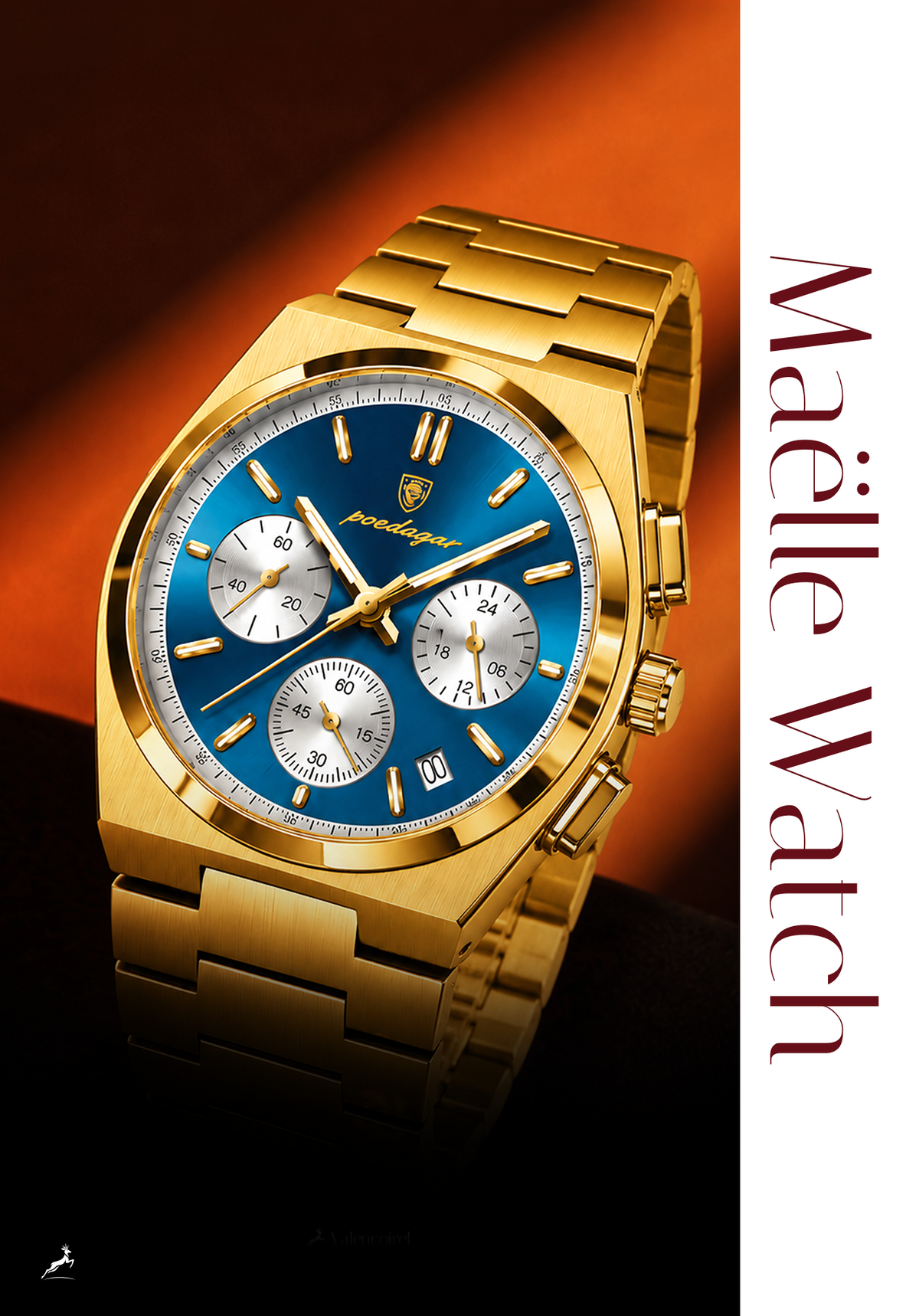 A gold-tone wristwatch with a blue dial and silver subdials, shown prominently on a dark orange-to-black gradient background with a white vertical panel containing the text 'Maele Watch'.