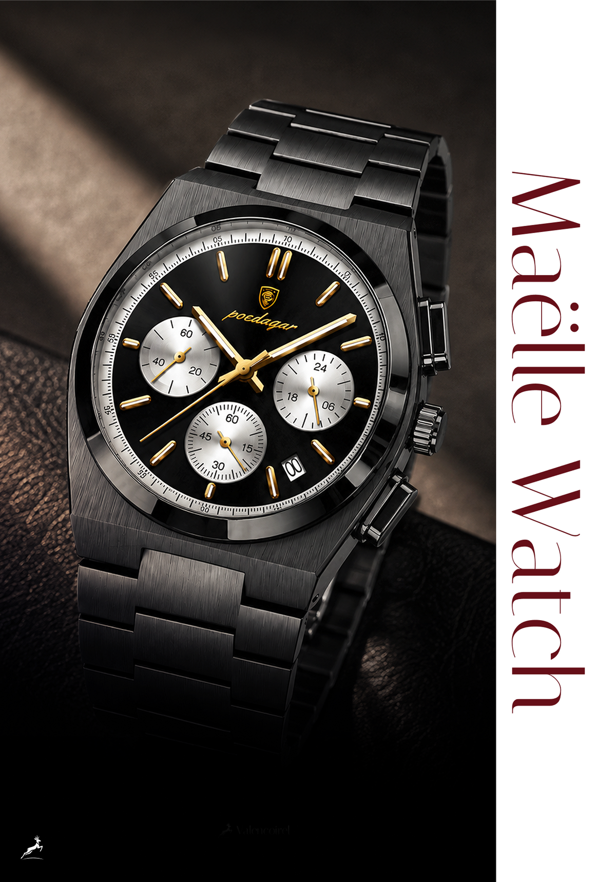 A matte black metal chronograph watch with a black dial and gold-tone hands and markers, shown on a dark leather surface. The brand name 'Maggie Watch' is printed vertically on the right side of the image.
