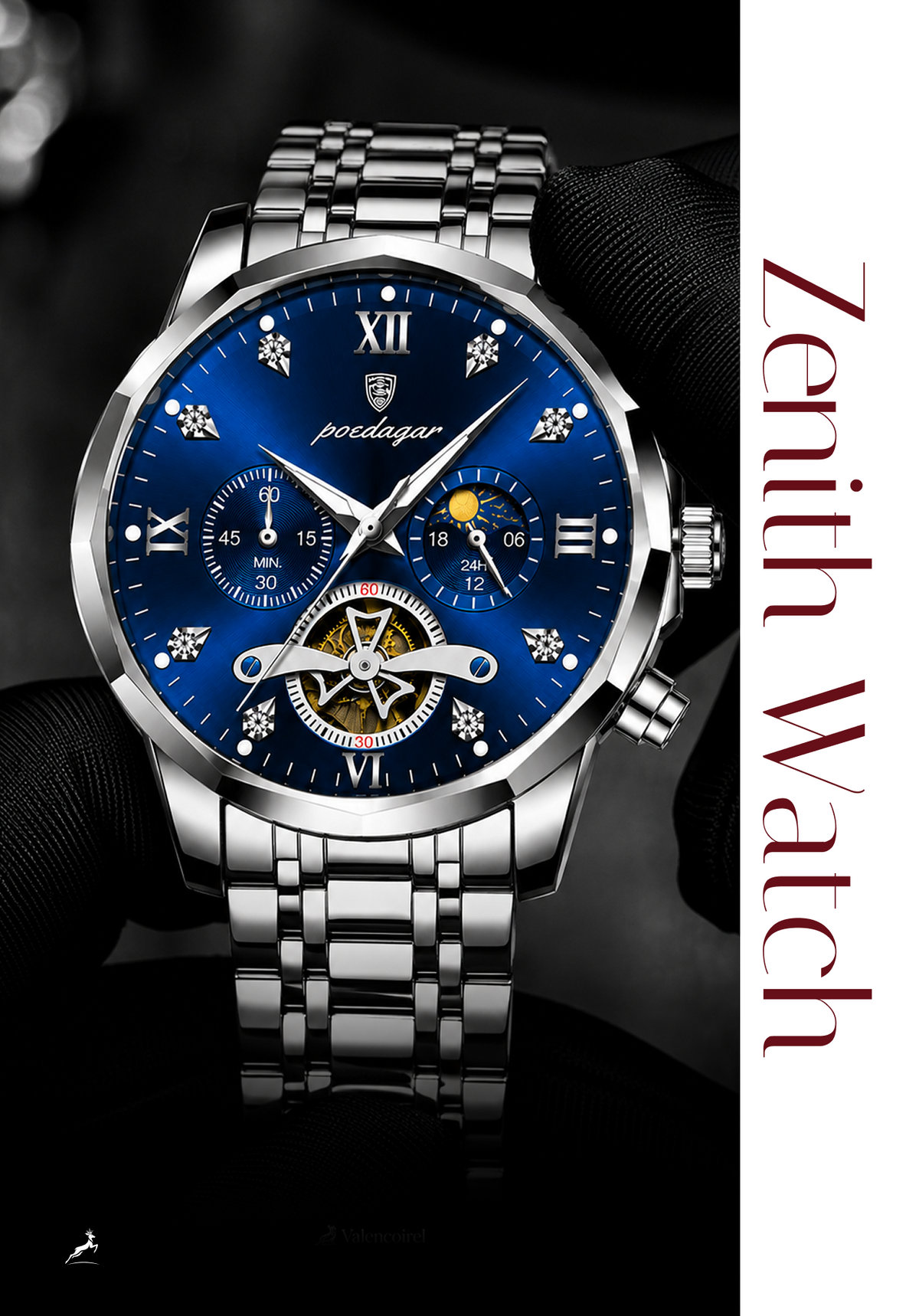 A Zenith Watch stainless steel analog watch with a vibrant blue dial, featuring Roman numeral hour markers, subdials, a date window, and a visible gold-toned automatic balance wheel in the lower dial. The watch is presented on a black textured background with a white vertical banner on the right containing the text 'Zenith Watch'.