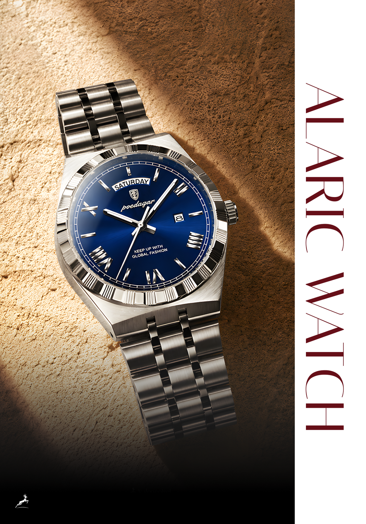 A silver-toned wristwatch with a blue dial and matching blue bezel, shown on a textured beige surface with dramatic shadows. The watch has a stainless steel link bracelet and Roman numeral hour markers.