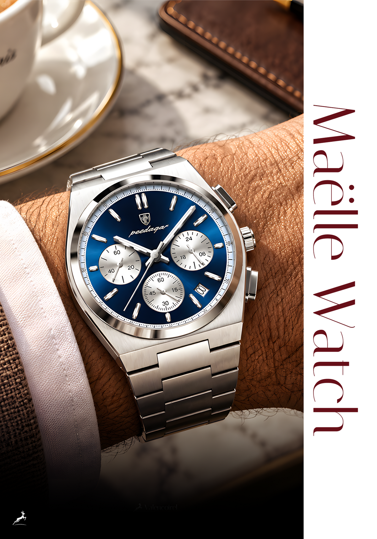 A silver stainless steel wristwatch with a blue dial and silver-tone metal bracelet, shown worn on a person's wrist. The watch has three subdials on the face and a date window.