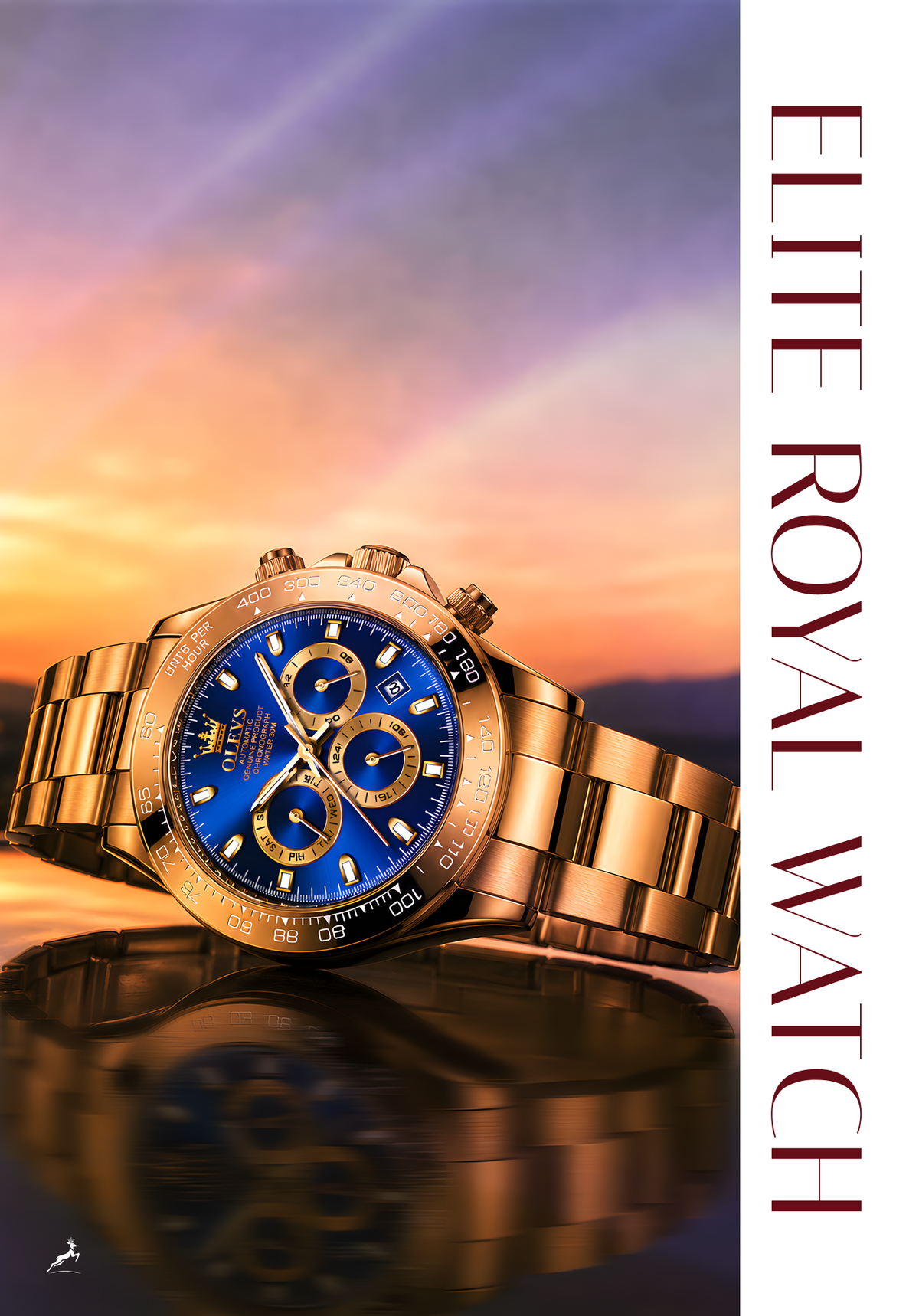 A gold-tone stainless steel chronograph watch with a vibrant blue dial and gold subdials, set against a sunset sky background with a vertical white sidebar on the right containing the text 'ELITE ROYAL WATCH'.