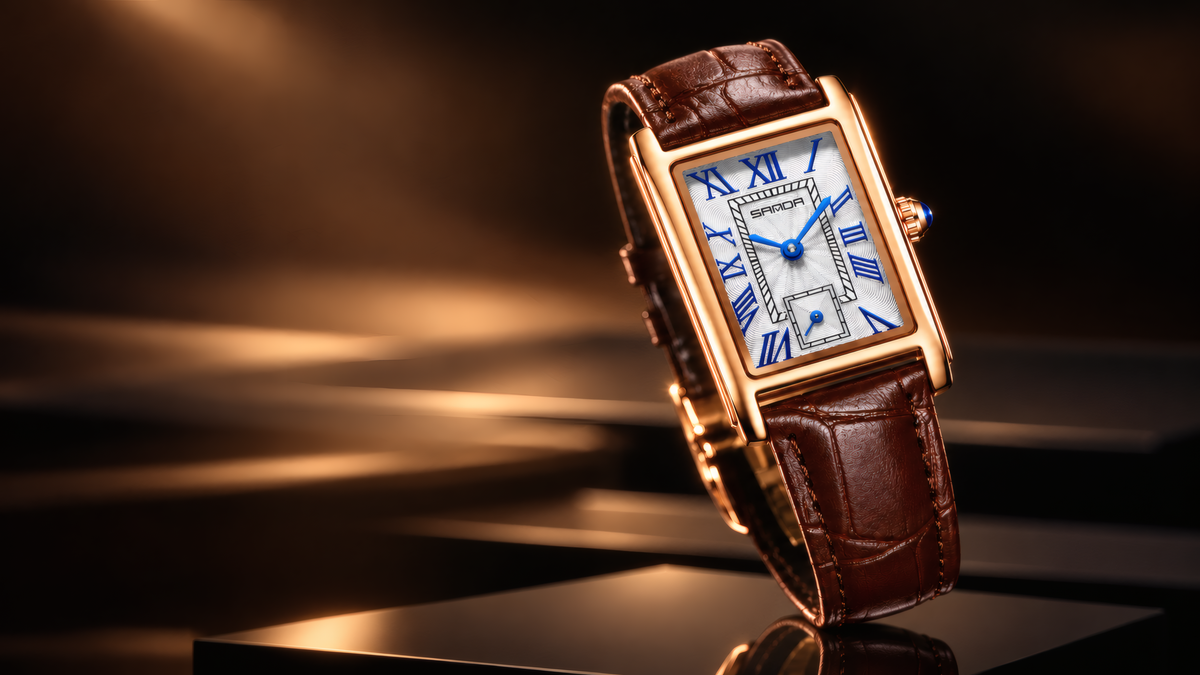 A Cartier watch with a gold-tone rectangular case, blue Roman numeral markers on a white dial, and a brown leather strap, displayed on a dark reflective surface with dramatic warm lighting.