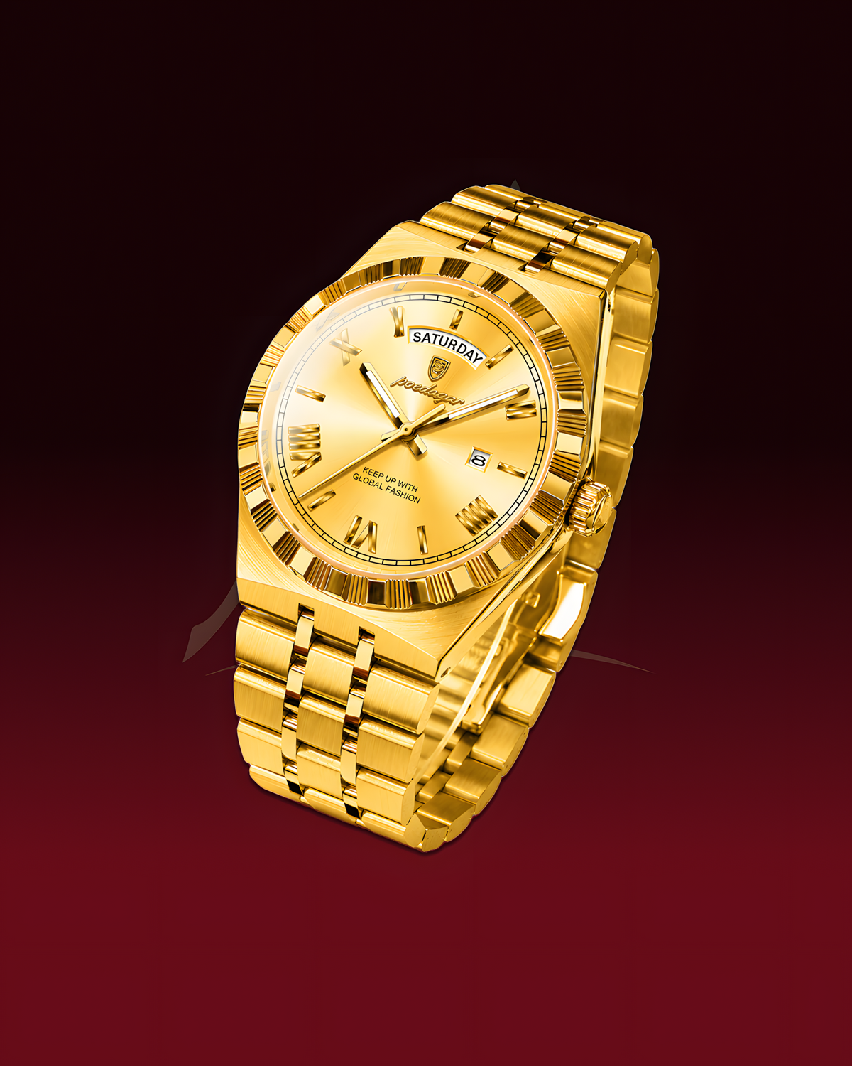 A luxury gold-tone watch with a fluted bezel, matching gold-tone metal bracelet, and a gold dial featuring Roman numeral hour markers and a day-date window.