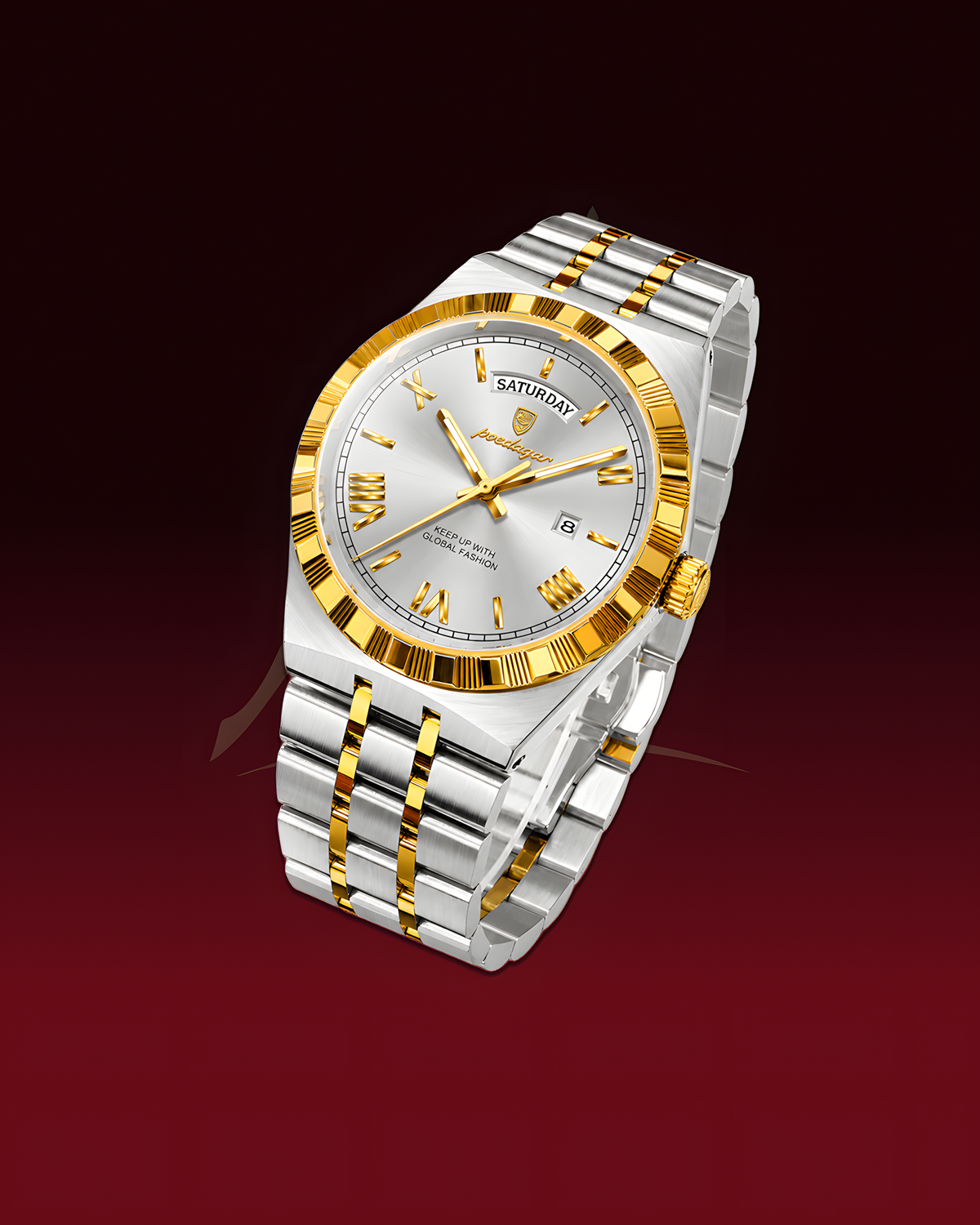 A two-tone silver and gold wristwatch with a white dial, featuring Roman numeral hour markers and a date window, shown on a dark red gradient background.