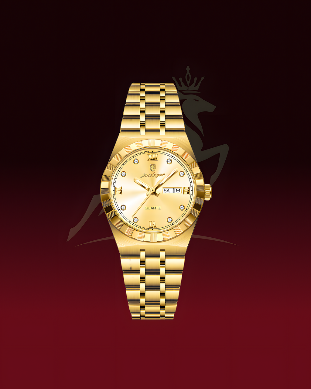 A gold-tone quartz wristwatch with a matching gold-tone link bracelet, featuring a white dial with diamond hour markers and a date window at 3 o'clock, set against a dark red gradient background with a faint horse logo.