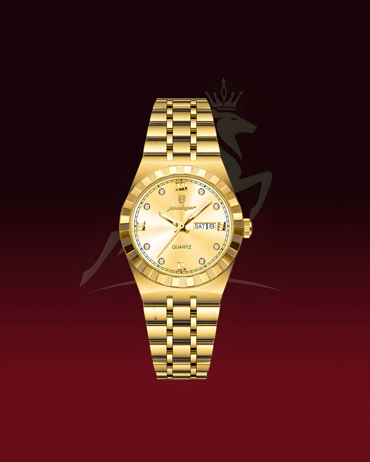 A gold-tone quartz wristwatch with a matching gold-tone link bracelet, featuring a white dial with diamond hour markers and a date window at 3 o'clock, set against a dark red gradient background with a faint horse logo.