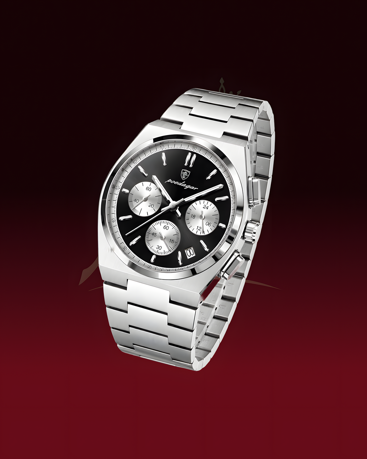 A stainless steel chronograph watch with a black dial and silver subdials, shown at an angle on a dark red gradient background.