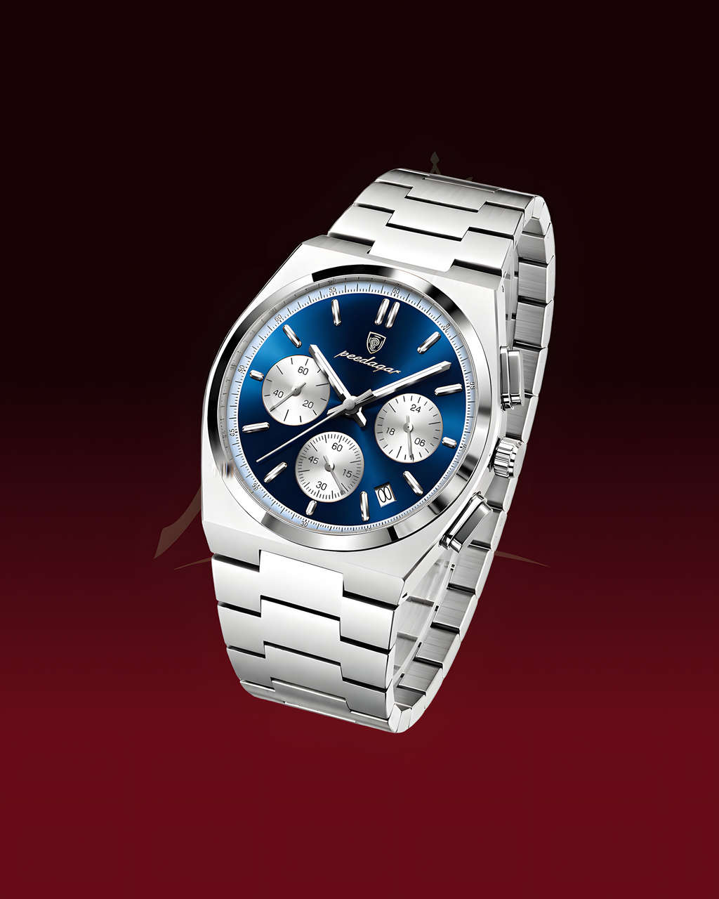 A silver stainless steel wristwatch with a blue dial and three subdials, shown floating against a dark red gradient background.