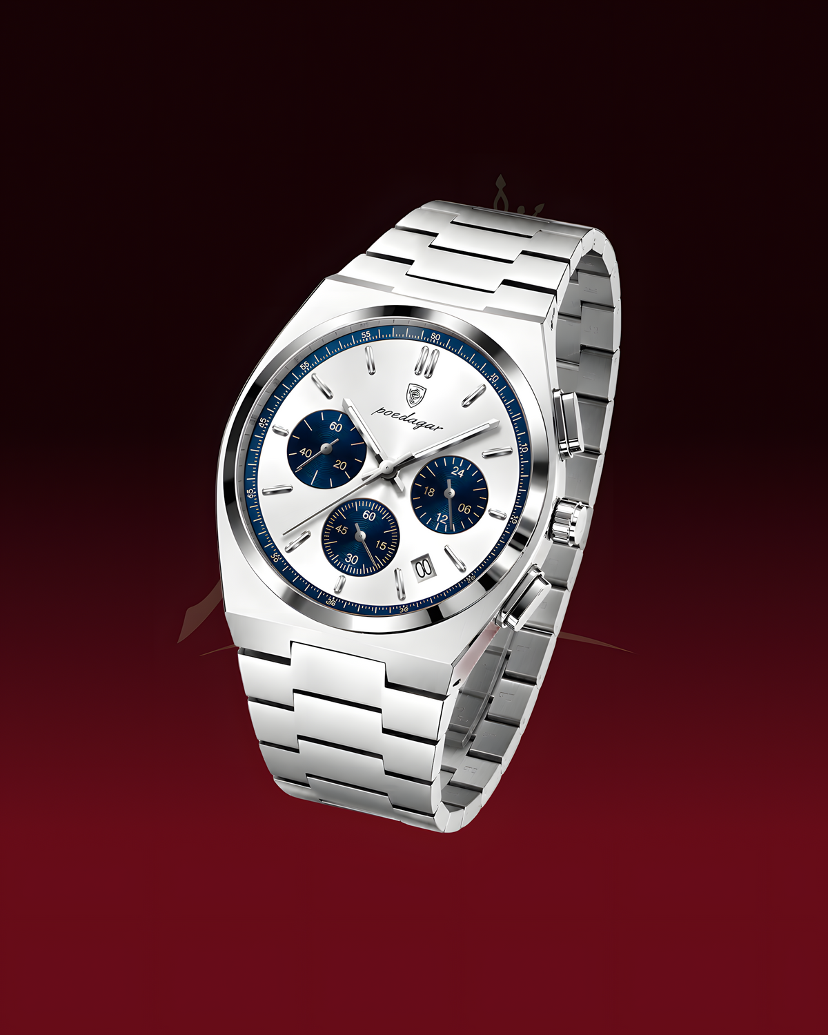 A silver-tone stainless steel chronograph watch with a white dial and three blue subdials, shown floating against a dark red gradient background. The brand name 'Vedaguet' is visible on the dial.