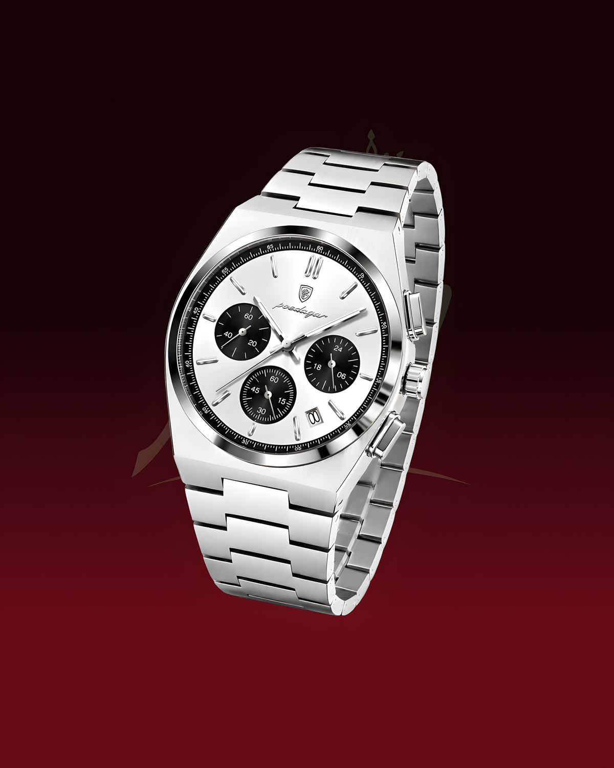 A silver stainless steel wristwatch with a three-subdial chronograph design and a white dial, shown floating against a dark red gradient background.