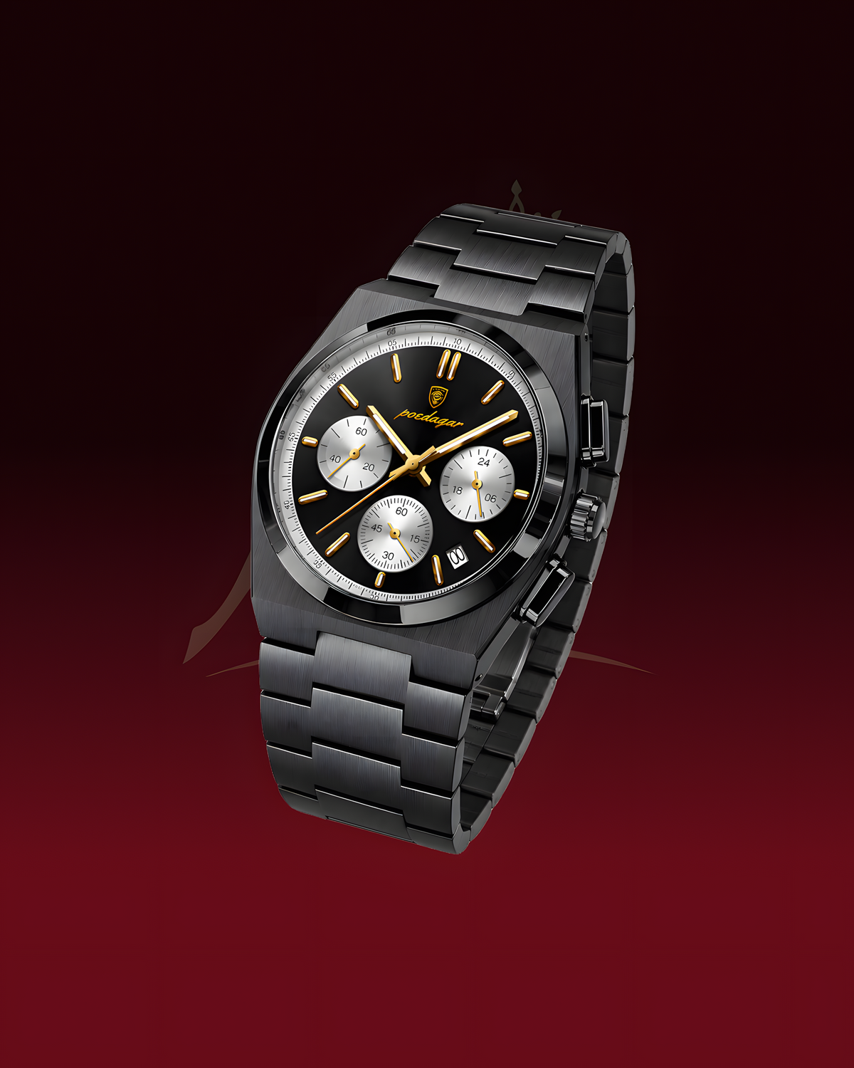 A black chronograph watch with a matching black metal link bracelet, featuring a black dial with silver subdials and gold accents, set against a dark red gradient background.