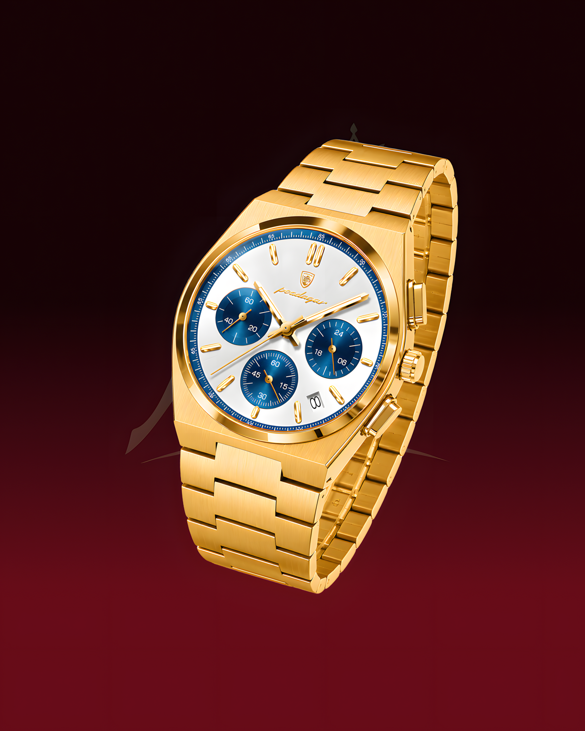A luxury gold-tone metal watch with a white dial, featuring three blue sub-dials and gold-tone markers, set against a dark red gradient background.
