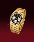 A gold-tone metal wristwatch with a black dial, featuring three white subdials, gold-tone hands and markers, and a date window at 3 o'clock, shown floating against a dark red gradient background.