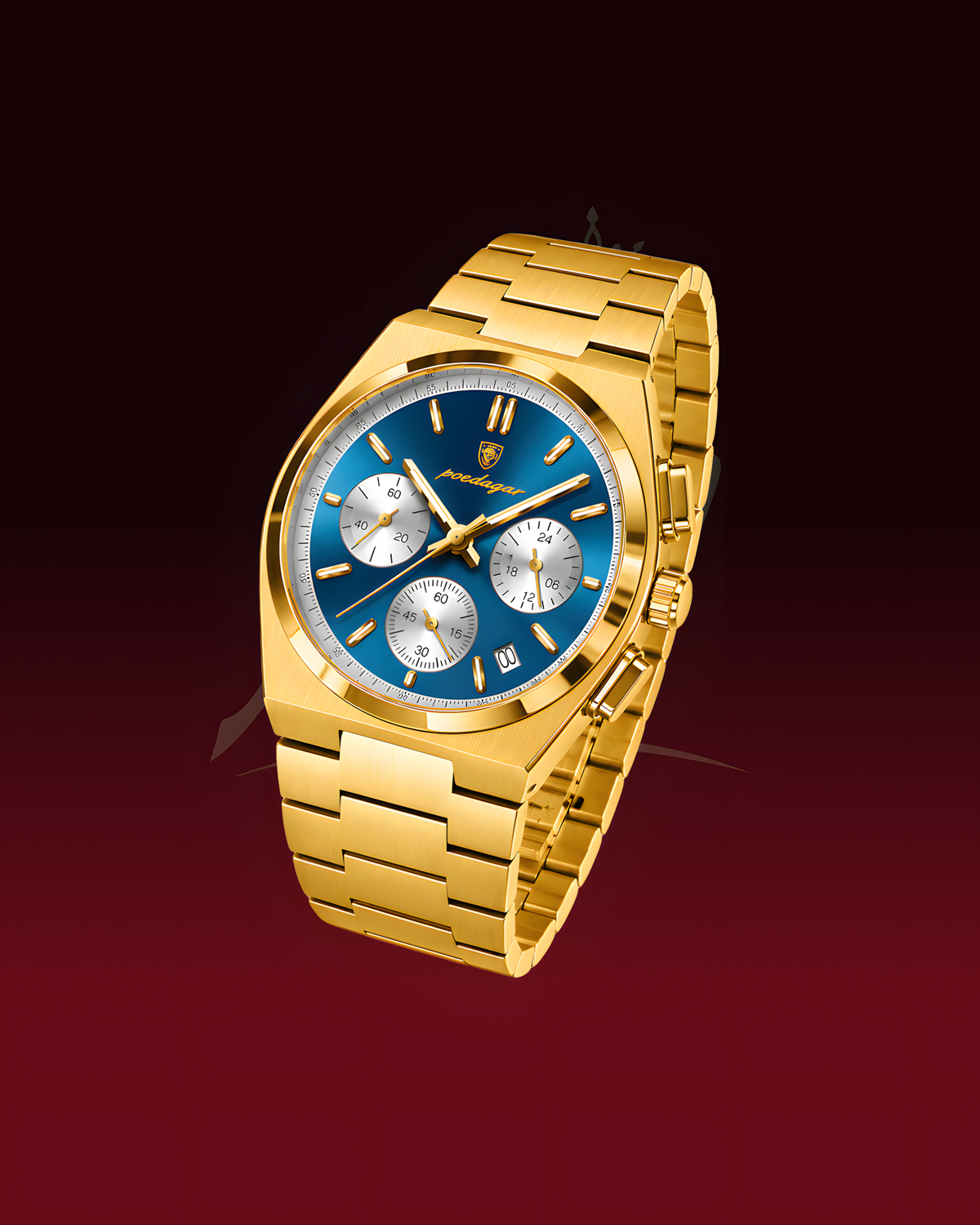 A gold-tone stainless steel watch with a blue dial and silver-tone subdials, shown on a dark red gradient background.
