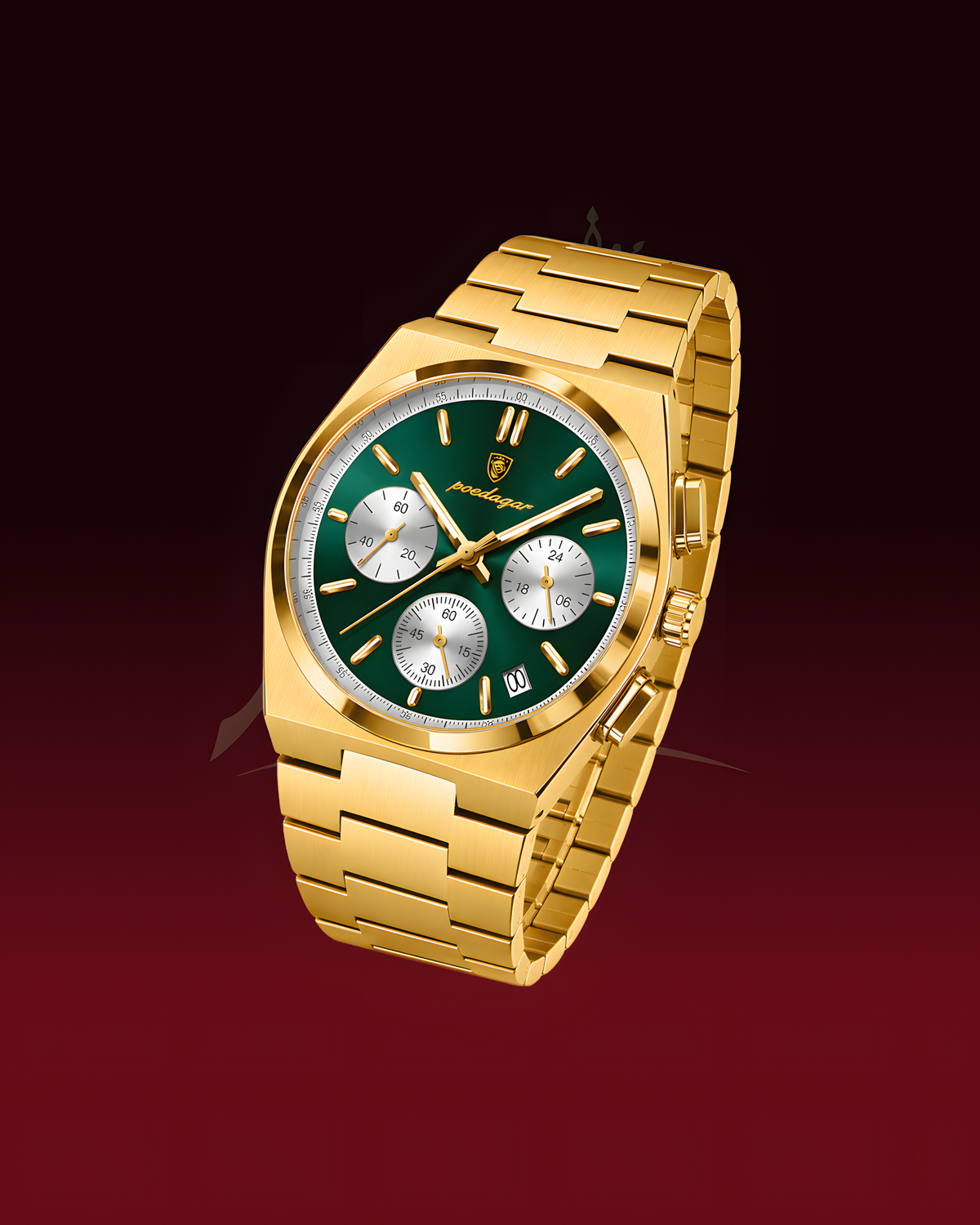 A gold-tone stainless steel watch with a dark green dial and silver subdials, shown floating against a dark red gradient background. The brand name 'Pampas' is visible on the dial.
