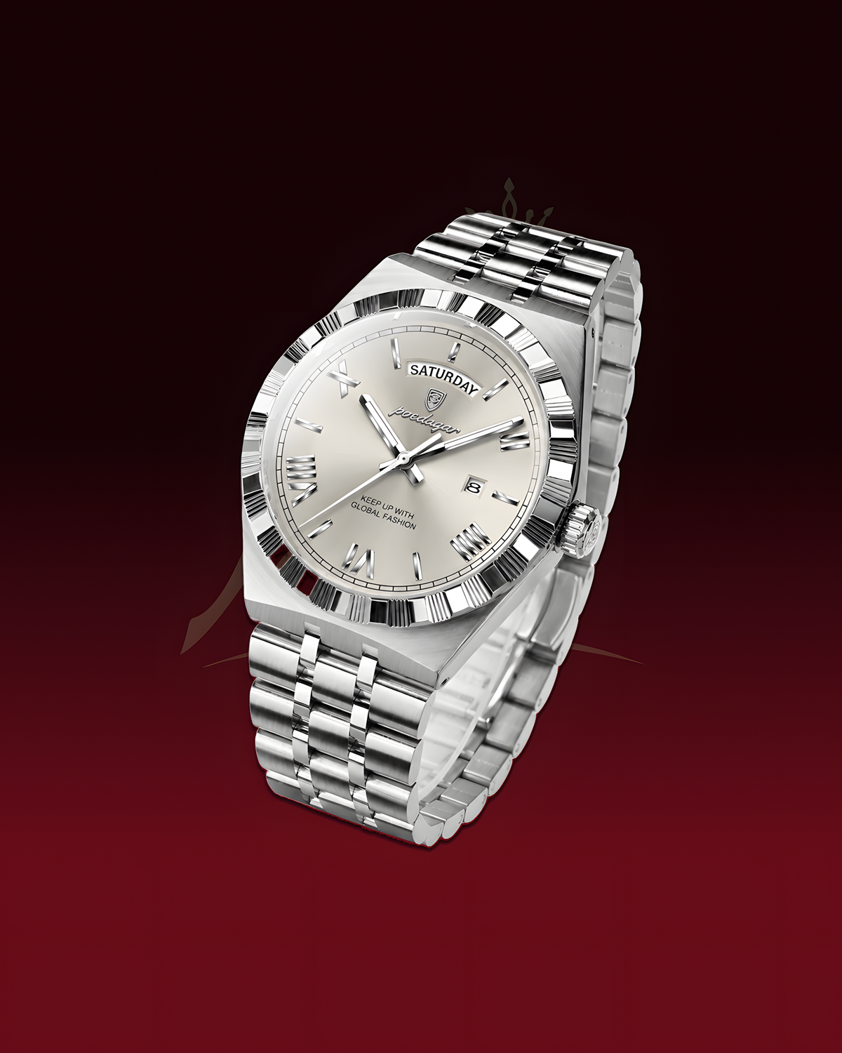 A silver stainless steel wrist watch with a matching link bracelet, featuring a silver dial with black Arabic numerals and a day/date indicator, shown against a dark red gradient background.