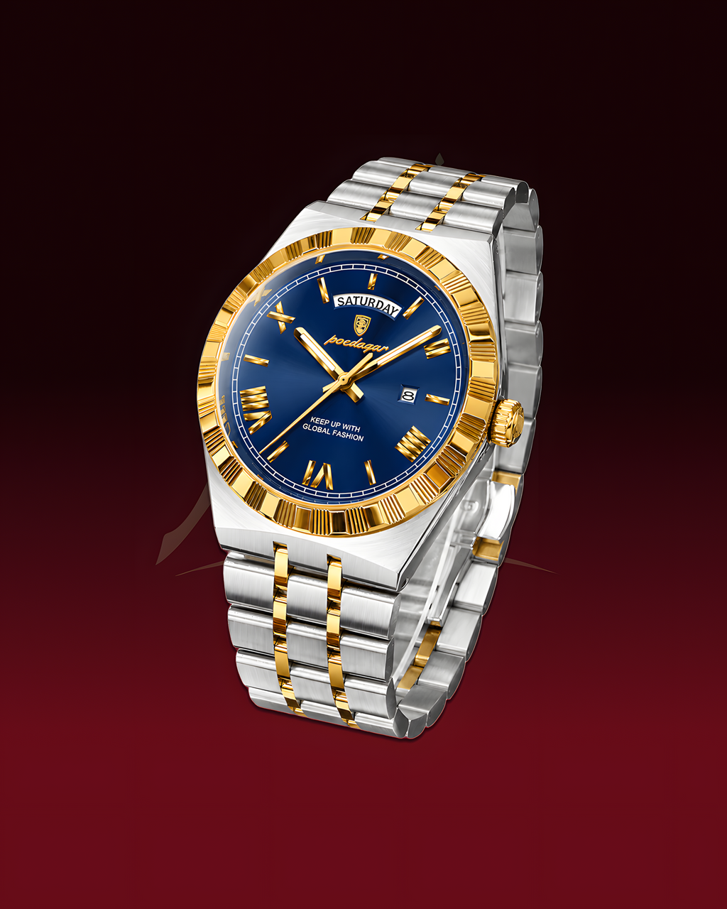 A two-tone stainless steel and gold-tone wristwatch with a deep blue dial, Roman numeral hour markers, and a date window, shown on a dark red gradient background.