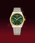 A luxury two-tone wristwatch with a silver and gold-tone metal bracelet, a green dial, and a gold-tone bezel, centered on a dark red gradient background.