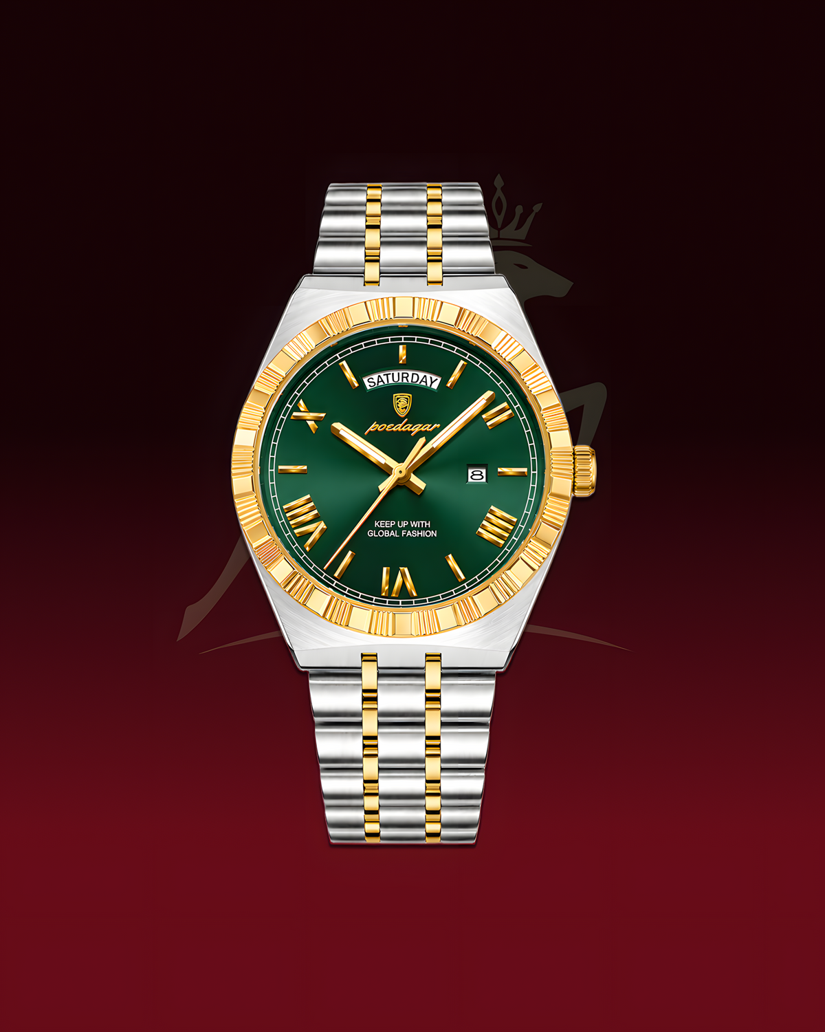 A luxury two-tone wristwatch with a silver and gold-tone metal bracelet, a green dial, and a gold-tone bezel, centered on a dark red gradient background.