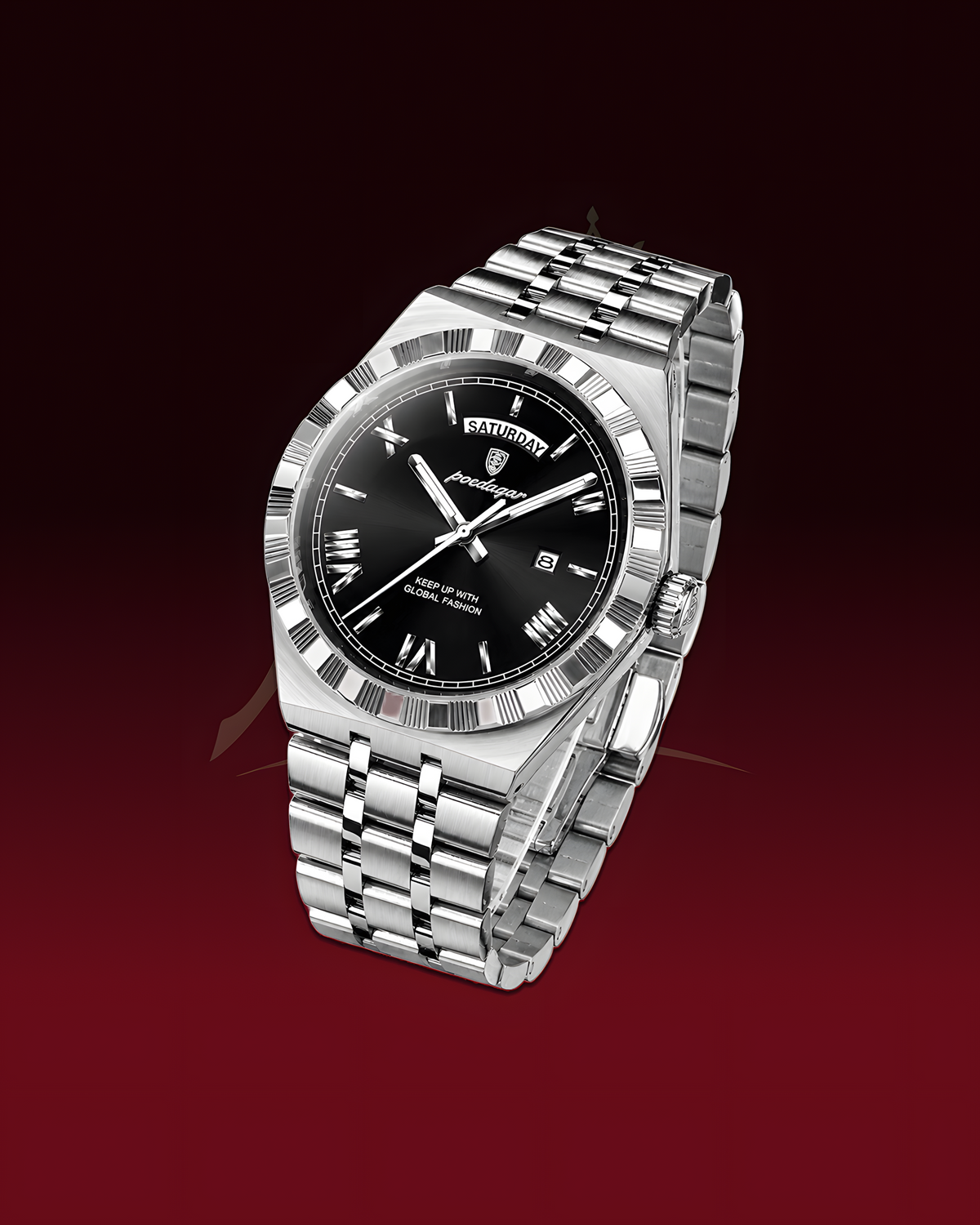 A silver stainless steel wristwatch with a black dial, featuring a fluted bezel, date window, and integrated metal bracelet, shown against a dark red gradient background.