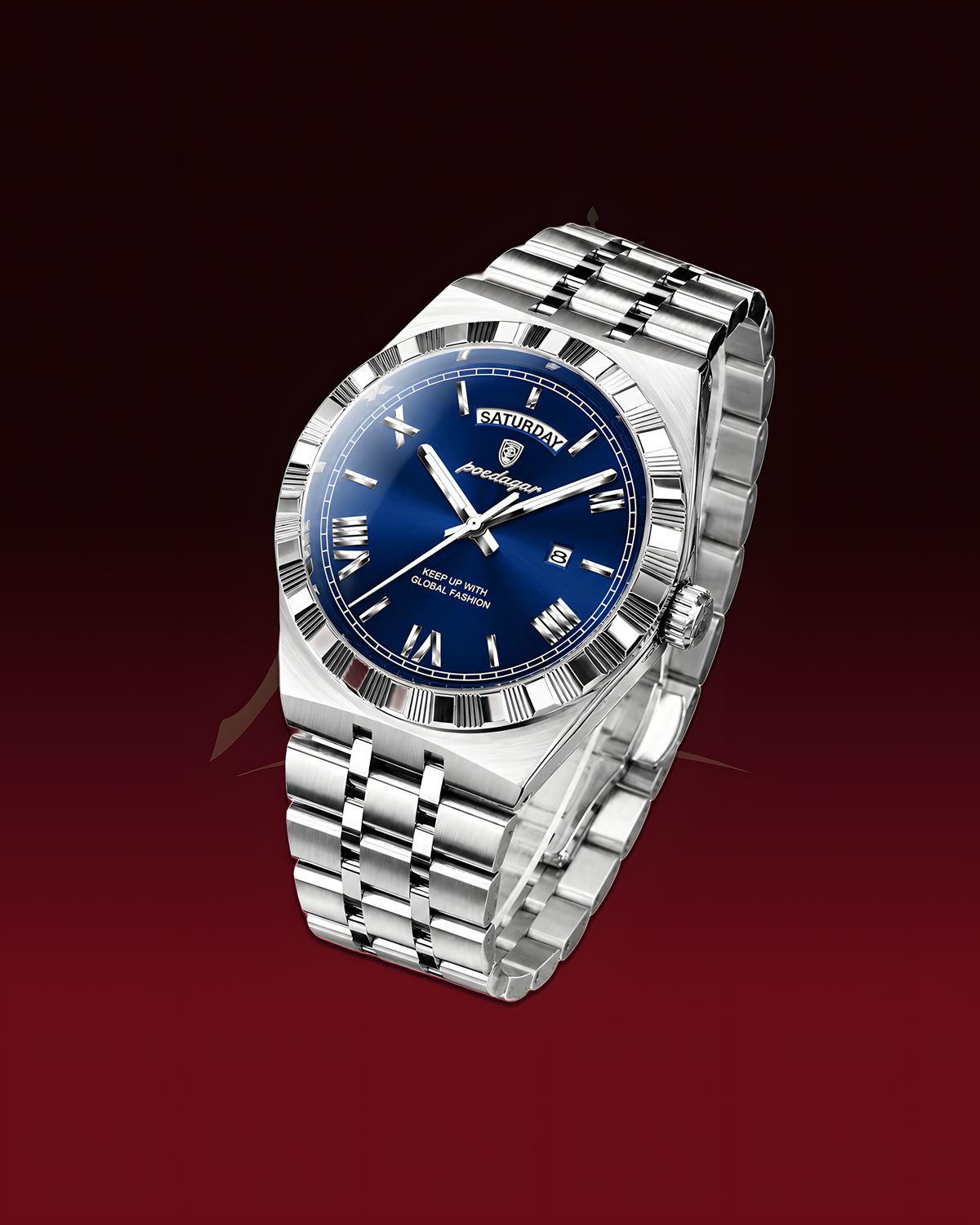 A silver stainless steel wristwatch with a blue dial and Roman numeral hour markers, shown floating against a dark red gradient background.