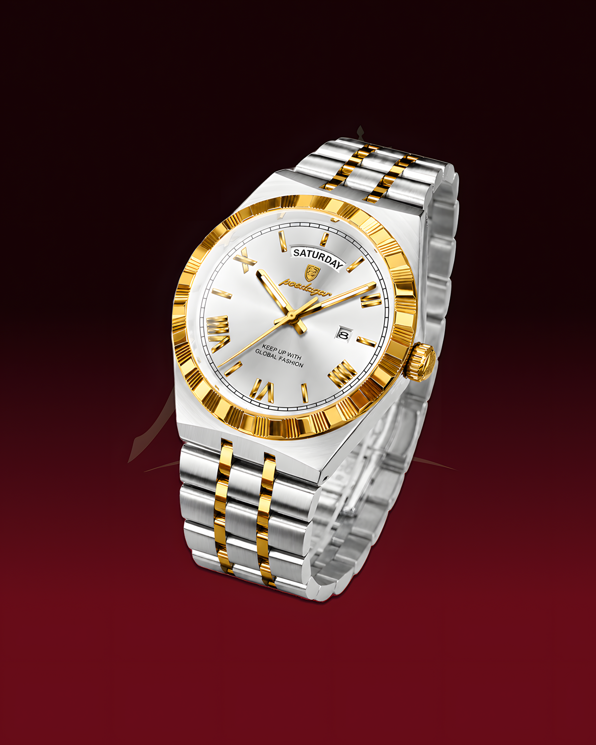 A Saturcan men's watch featuring a silver and gold two-tone stainless steel bracelet, a gold fluted bezel, and a white dial with gold hands and markers.