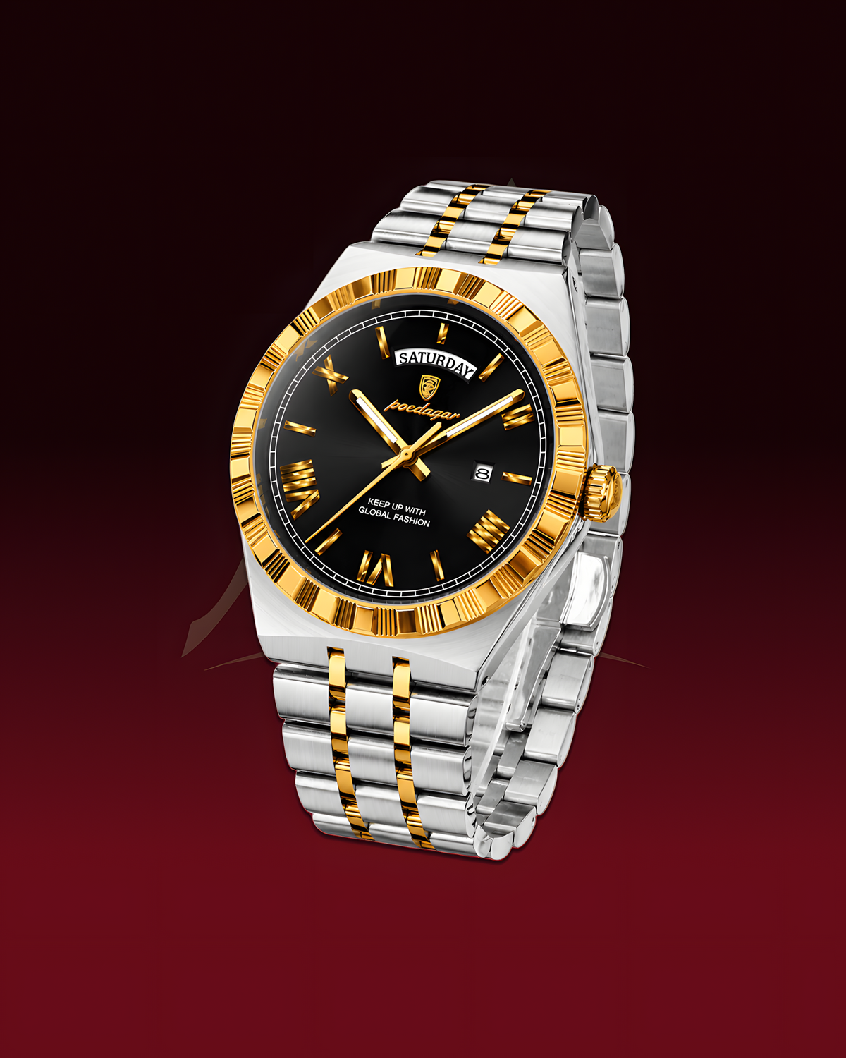 A two-tone stainless steel and gold wristwatch with a black dial, gold-tone hands and markers, and a day/date window, shown on a dark red gradient background.