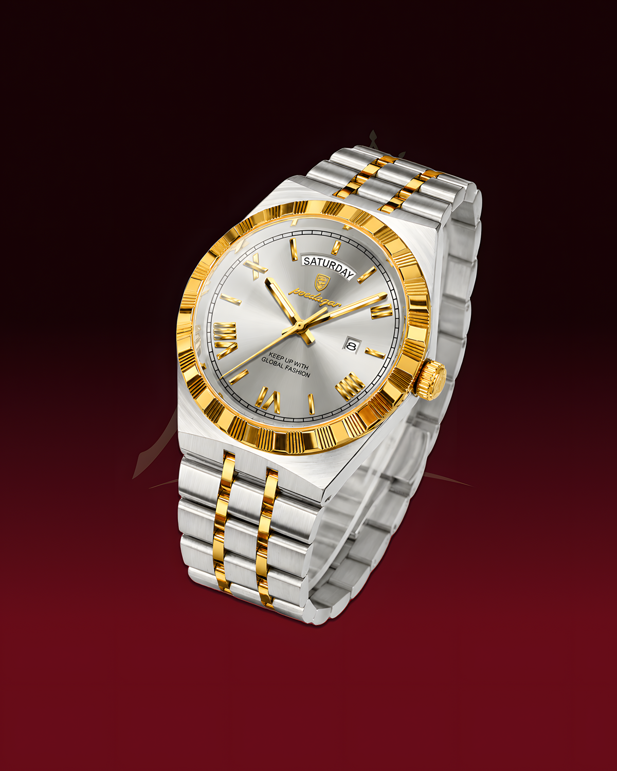A two-tone stainless steel and gold wristwatch with a silver dial, fluted gold bezel, and matching two-tone metal bracelet, shown on a dark red gradient background.
