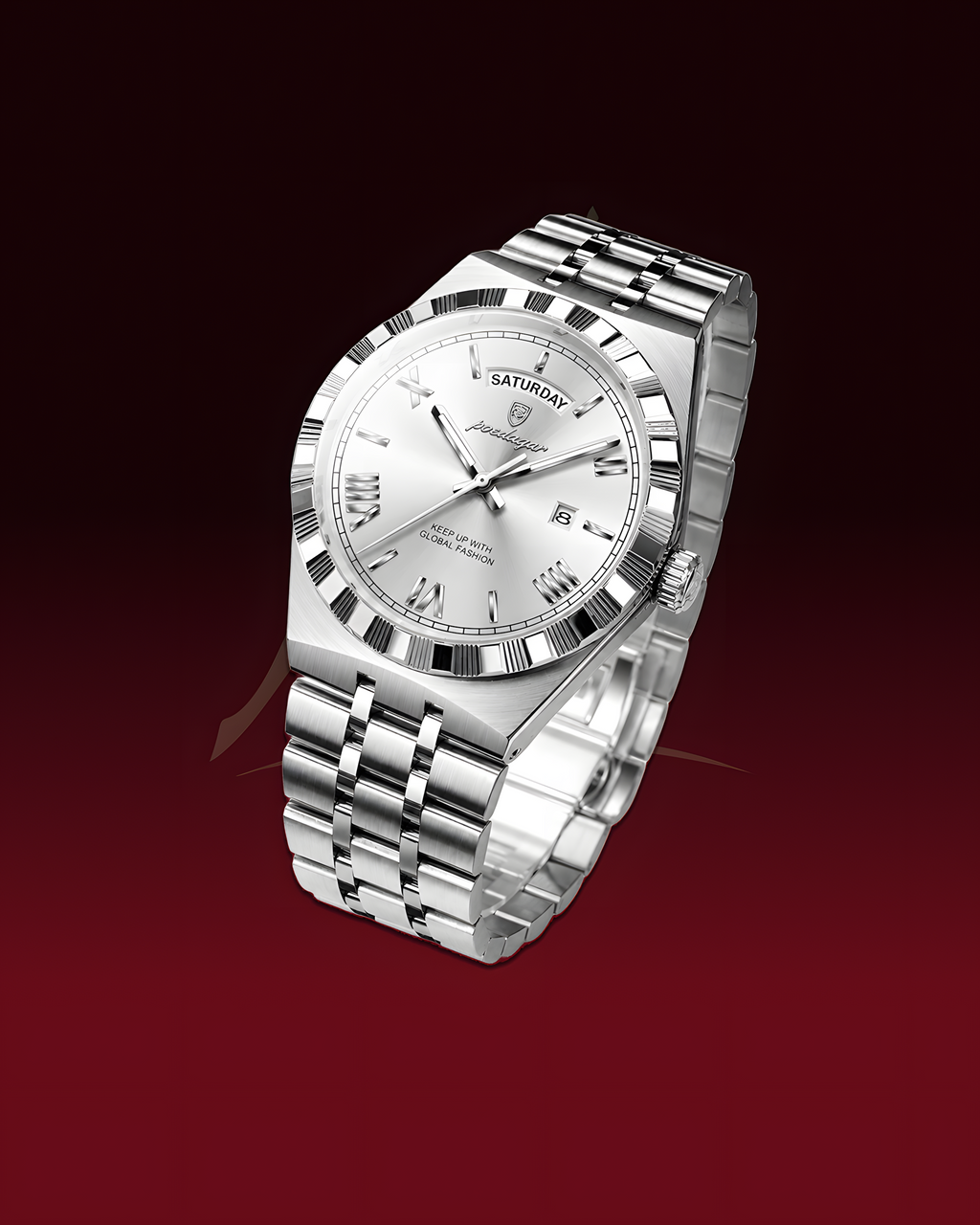 A silver-toned SatinCraft watch with a stainless steel link bracelet, featuring a silver dial, Roman numeral hour markers, and a fluted bezel, set against a dark red gradient background.