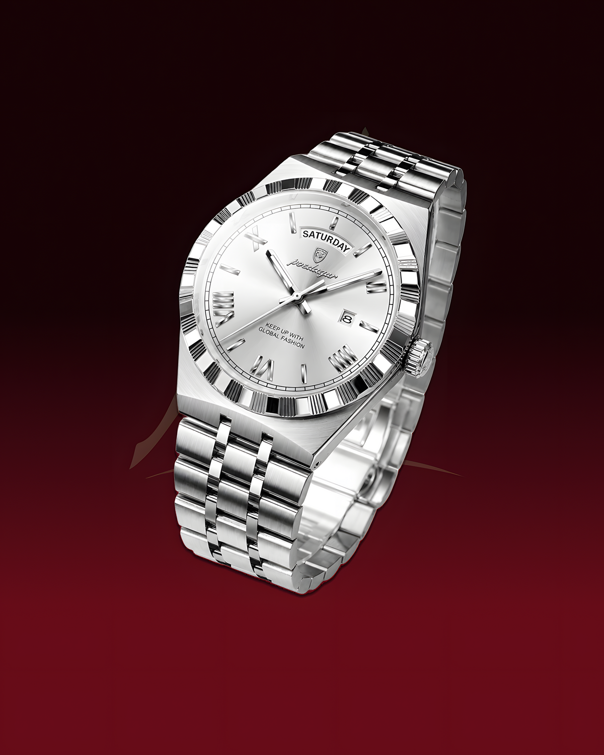 A silver-toned SatinCraft watch with a stainless steel link bracelet, featuring a silver dial, Roman numeral hour markers, and a fluted bezel, set against a dark red gradient background.
