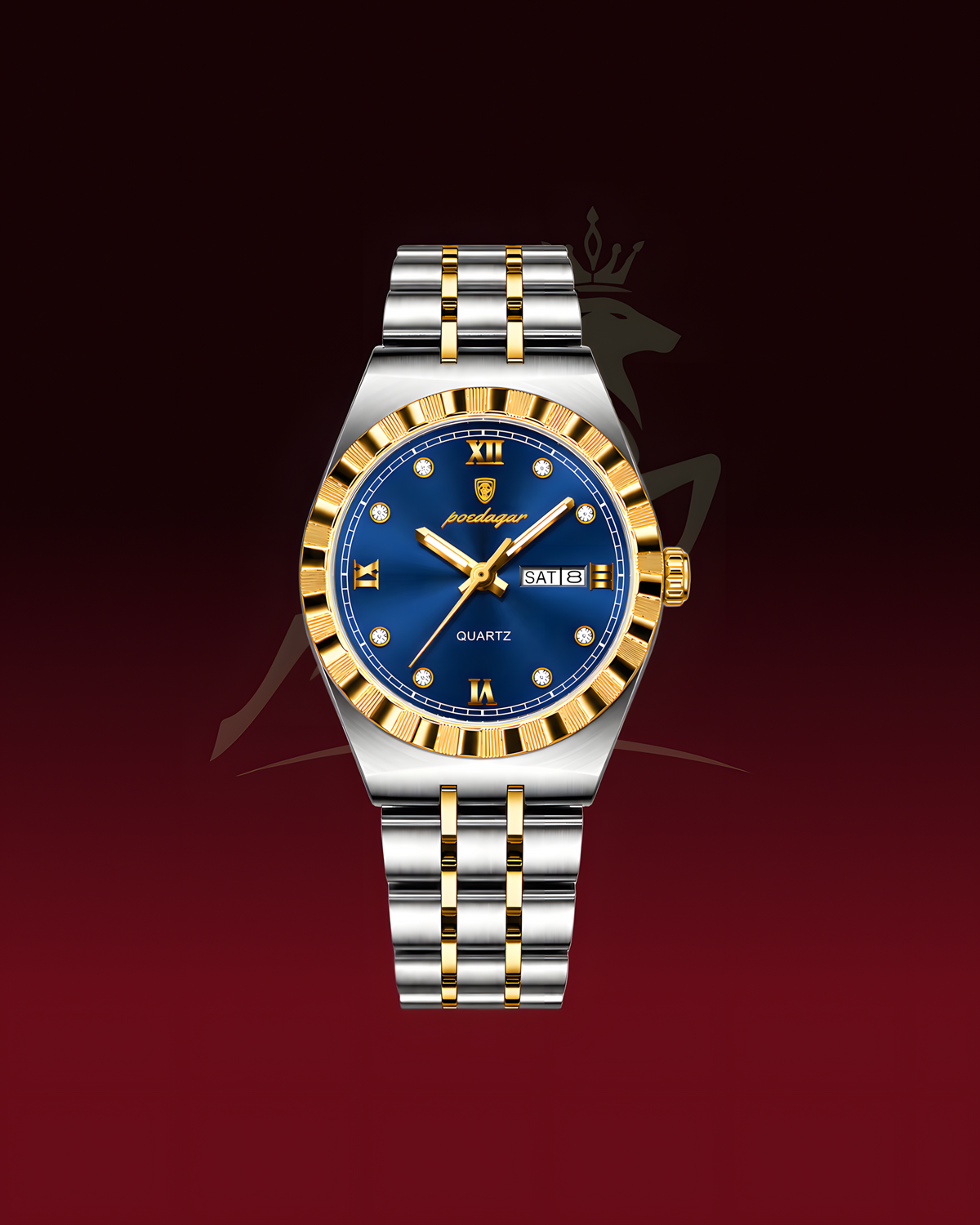 A two-tone stainless steel and gold wristwatch with a blue dial, Roman numeral hour markers, and a date window, centered on a dark red gradient background.