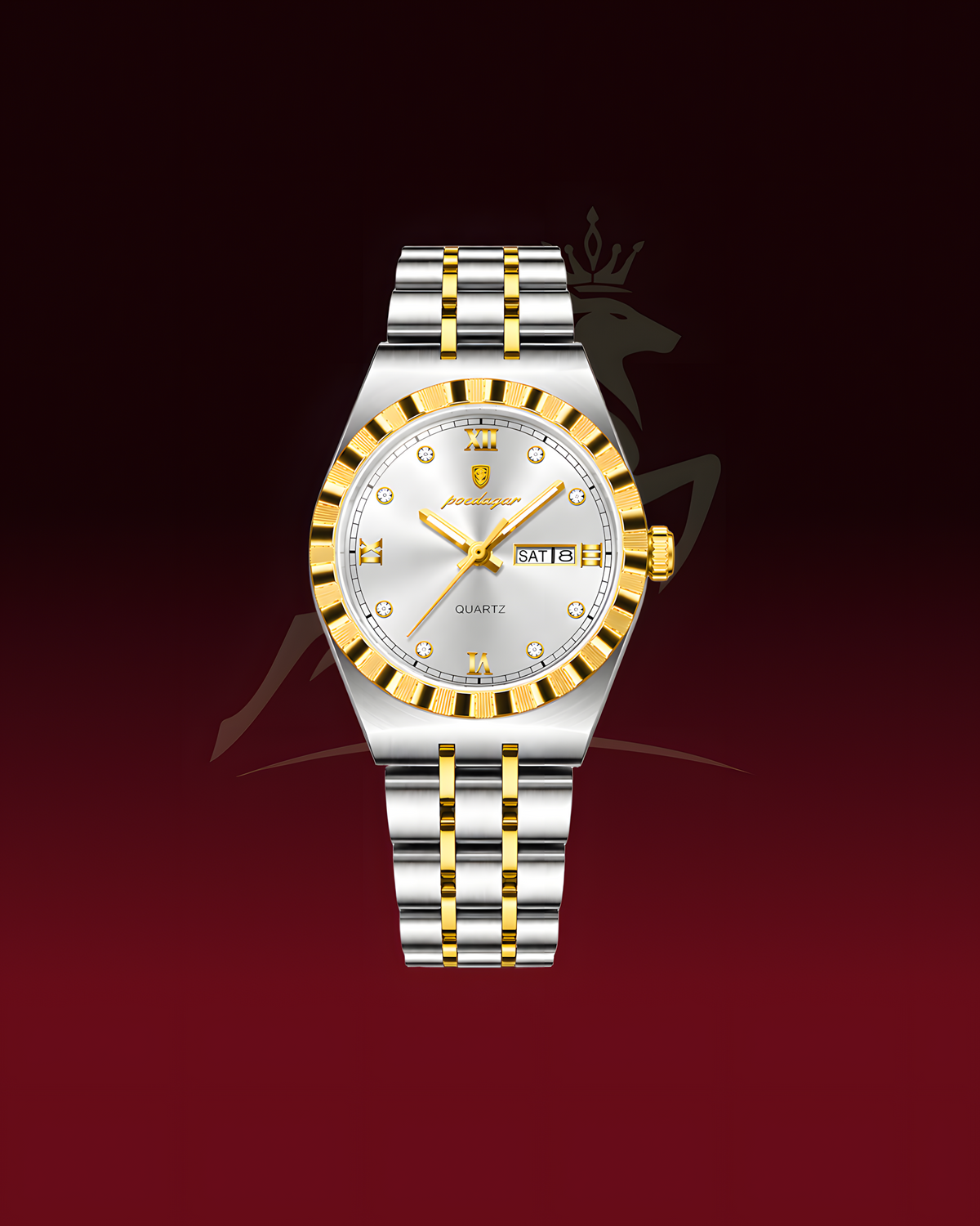 A two-tone stainless steel and gold wristwatch with a silver dial, gold-tone hands and markers, and a matching two-tone metal bracelet, centered on a dark red gradient background.
