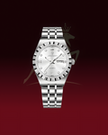A stainless steel wristwatch with a silver-toned multi-link bracelet, a fluted bezel, and a white dial with diamond hour markers, shown centered on a dark red gradient background.