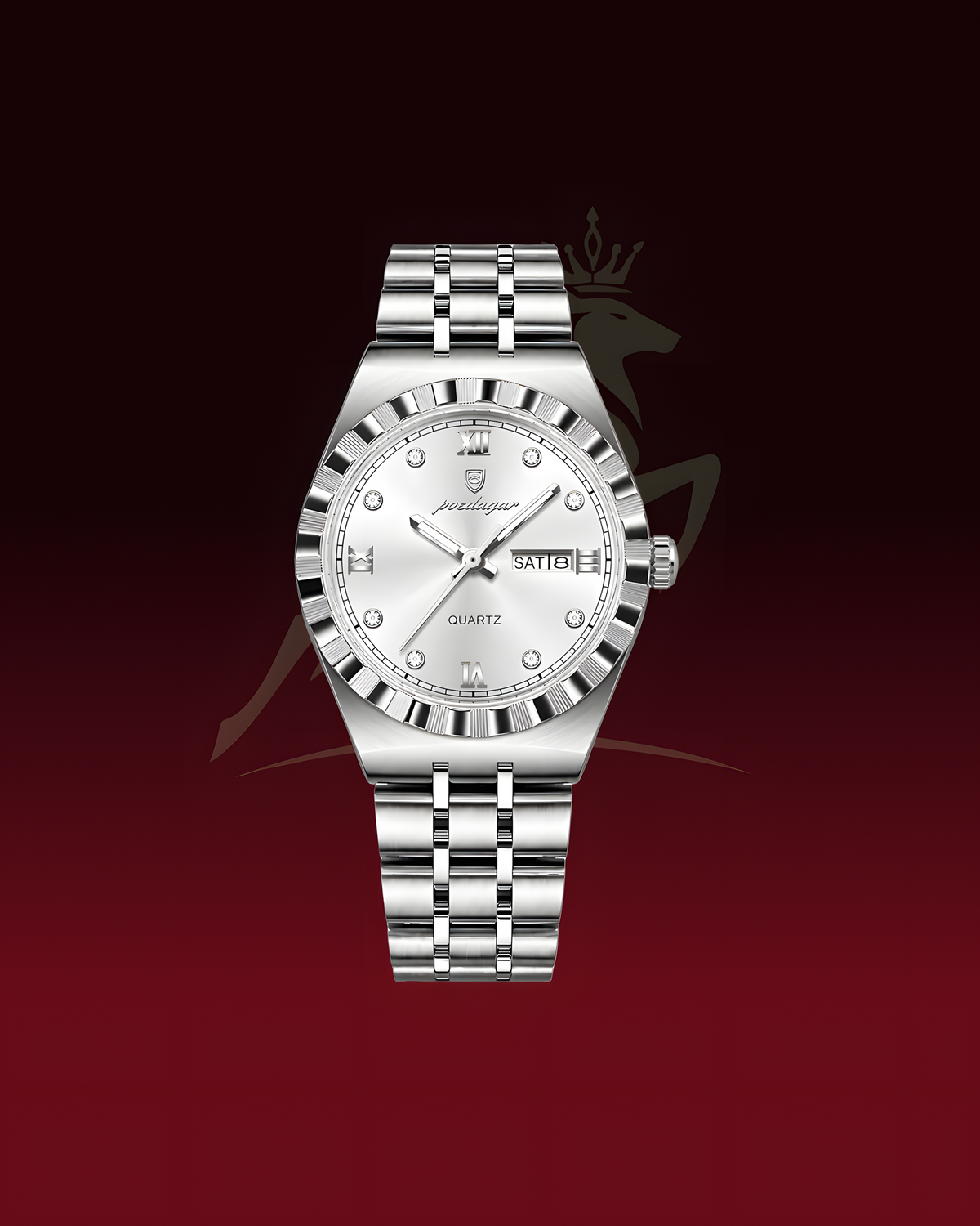 A stainless steel wristwatch with a silver-toned multi-link bracelet, a fluted bezel, and a white dial with diamond hour markers, shown centered on a dark red gradient background.