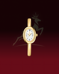 A gold-tone watch with an oval white dial and black Roman numerals, centered against a dark red gradient background with a faint deer crown logo.